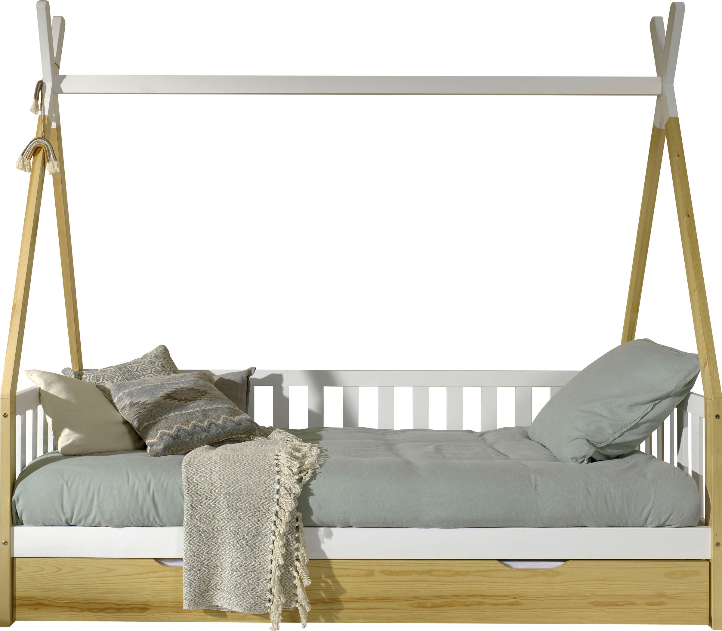 Vipack Kinderbett »Tipi, mit Querstange in Zelt-Optik, Kiefer massiv«, (B/H/T ca. 206x185,1x96cm, seitliche Sprossenumrandung), inklusive Rolllattenrost und wahlweise mit Bettschublade