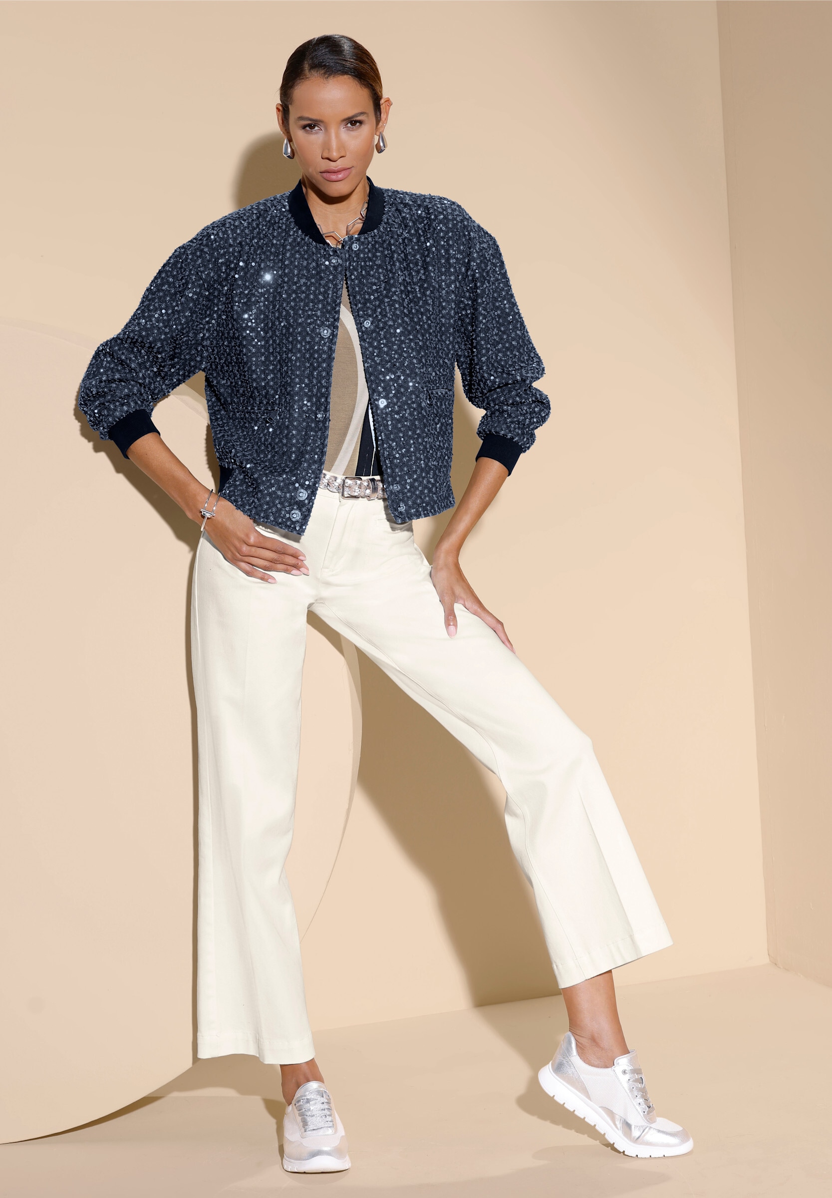 creation L Blusenblazer »Jeans-Blouson Blouson mit schimmernden Pailletten«