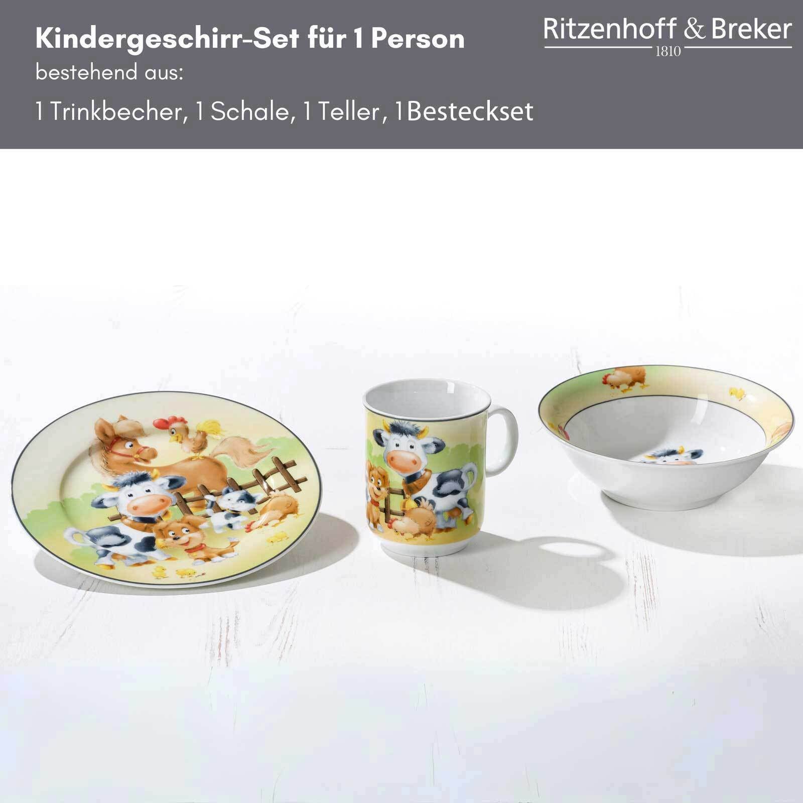 Ritzenhoff & Breker Kindergeschirr-Set »Kindergeschirr mit Besteck Hoftiere bunt« Spülmaschinengeeignet