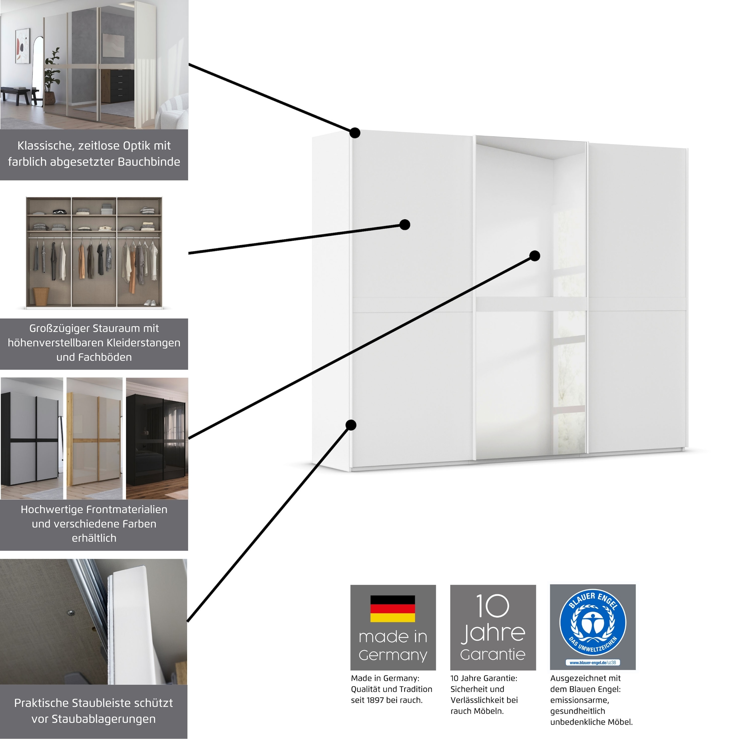 rauch Schwebetürenschrank »Kleiderschrank Schrank Garderobe Schlafzimmerschrank SCALE-LINE«, edle Optik mit Bauchbinde in Korpusfarbe Dekorfront MADE IN GERMANY