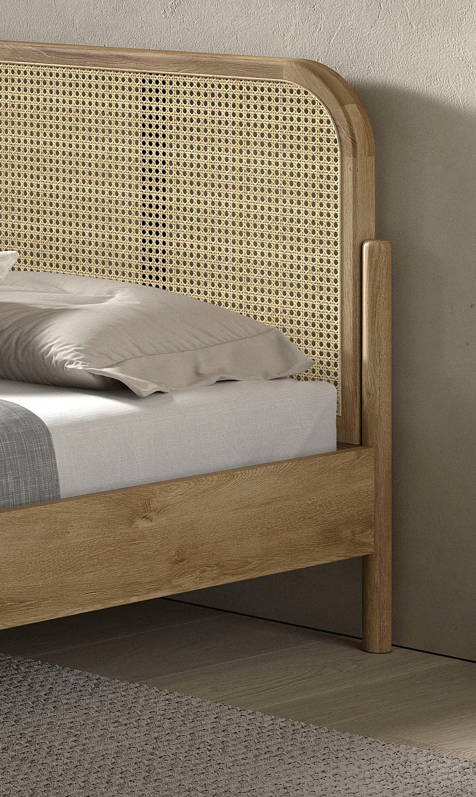 Home affaire Einzelbett »mit massiven Bettpfosten und furnierten Bettseiten«, 90/200 inkl. Lattenrost und trendigem Rattankopfteil