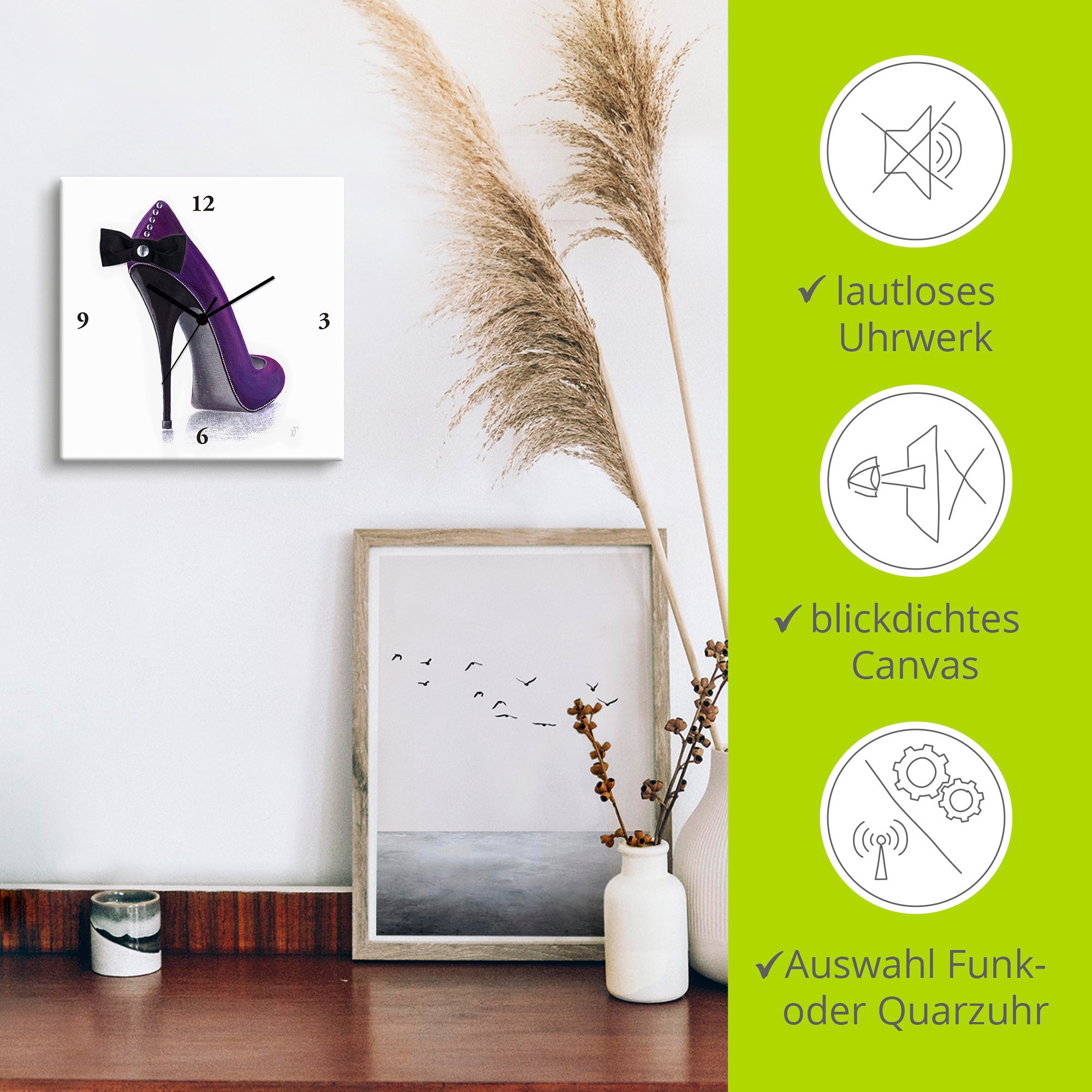 Artland Wanduhr »Damenschuh - Violettes Modell«, wahlweise mit Quarz- oder Funkuhrwerk, lautlos ohne Tickgeräusche