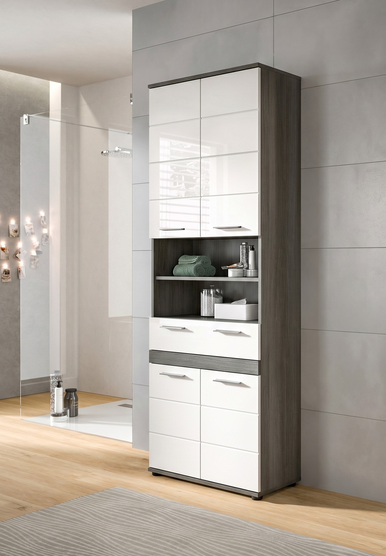 welltime Hochschrank »LUCCA, Breite 70cm, 4 Türen, 1 Schubkasten, 7 Fächer« Badschrank, Badmöbel, Badezimmer, Universalschrank, Mehrzweckschrank