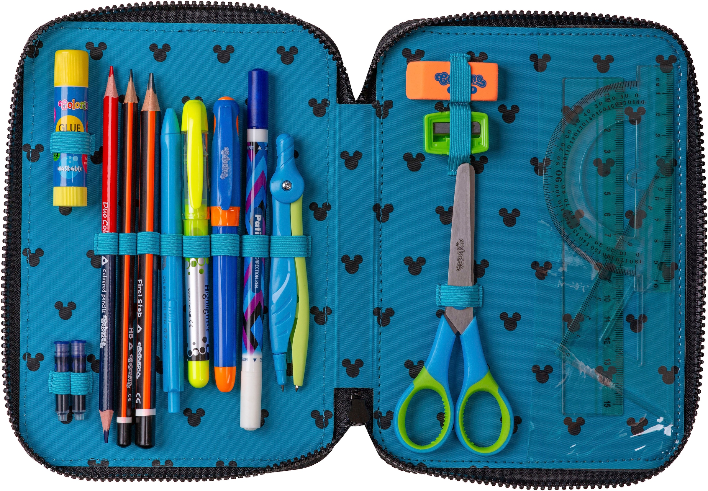 CoolPack Federmäppchen »Etui XL, Disney, Mickey Mouse, mit 2 Reißverschlüssen«, befüllt