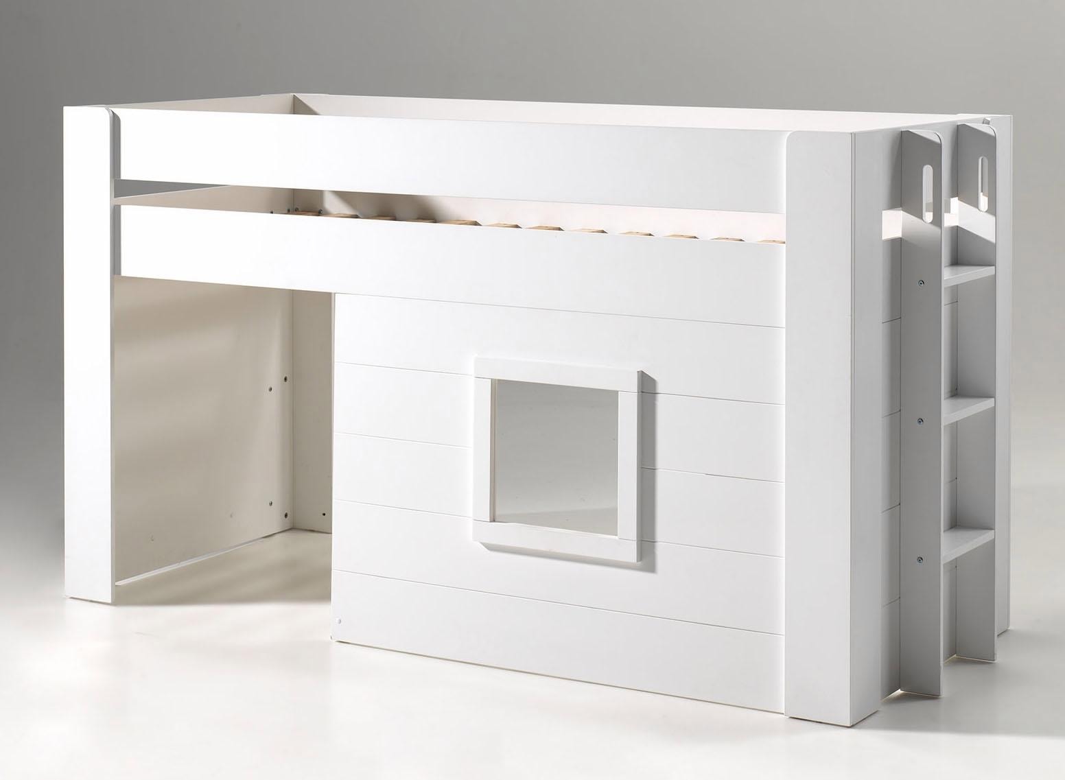 Vipack Hochbett »Noah, ein tolles Budenbett mit hoher Standfestigkeit, weiß lackiert«, (B/H/Tca.214x120x96cm, Leiter rechts/links möglich, Absturzschutz oben), inkl. Rolllattenrost, wahlweise mit und ohne Textilvorhang