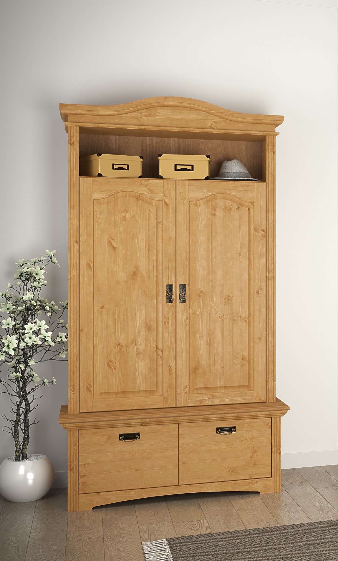 OTTO home Wäscheschrank »Konrad, mit Bank, Garderobenschrank, Schubladen, Massivholz« H/B/T mit Bank ca. 206/110,5/70 cm,  viel Stauraum, langlebige Qualität, ausziehbare Kleiderstange