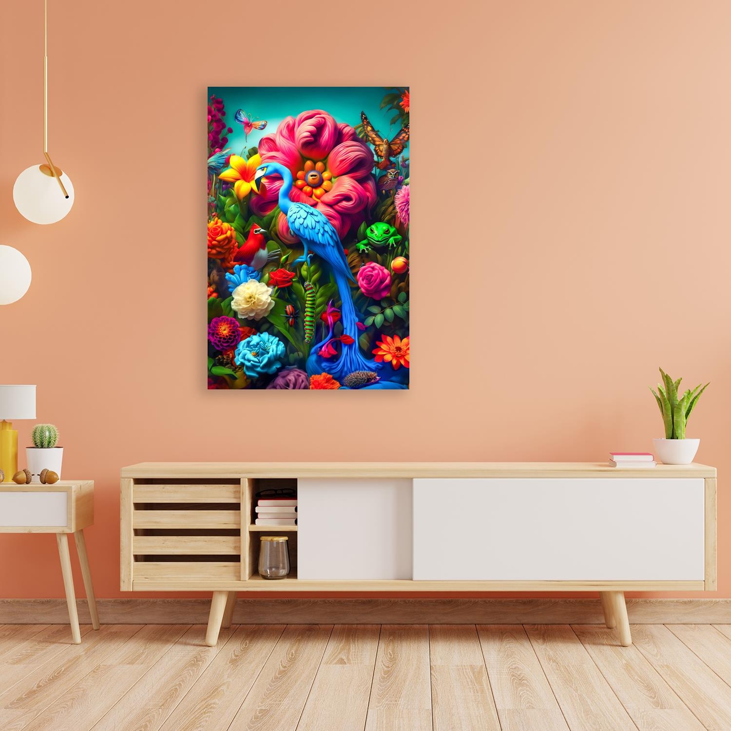 queence Acrylglasbild »Plastischer Garten Eden - Katharina Kolenda«, Vögel-Vogelbilder-Fantasy-Tiere-Blumen-Blumenbilder-Mann, (1 St.), Kunst, knallige Farben, bunt