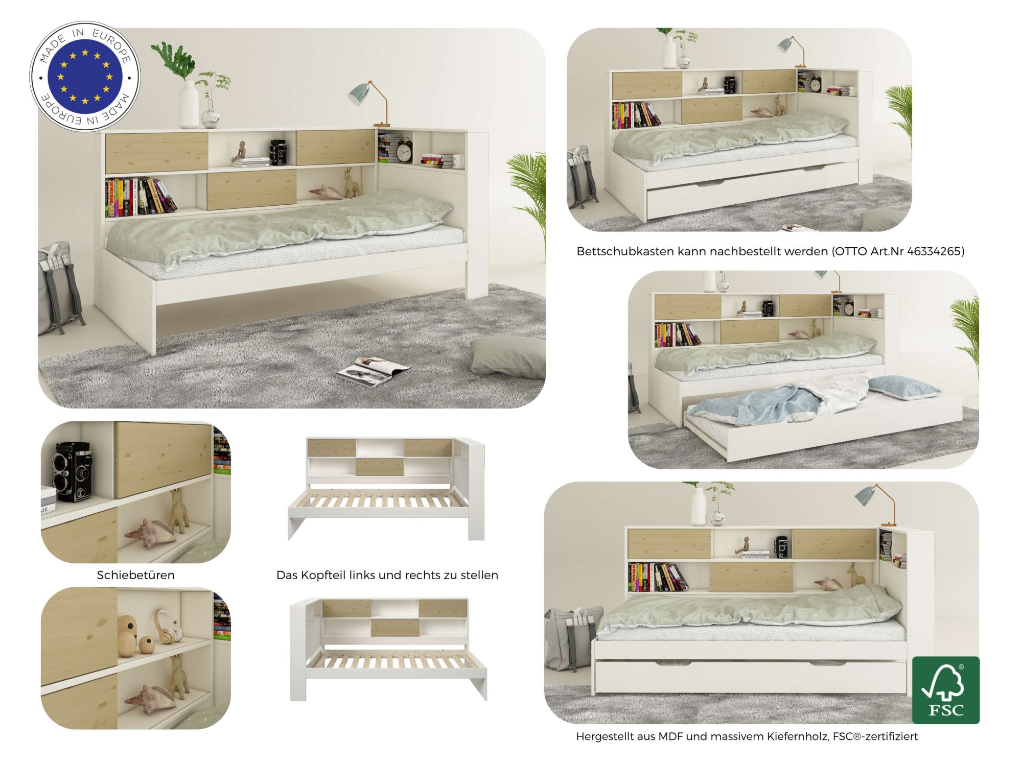 Home affaire Stauraumbett »Amance, Massivholz mit MDF, stabil und langlebig, viel Stauraum«, (Außenmaße B/T/H: 110,2/220,1/106,9 cm), FSC® zertifiziert, inklusive Lattenrost, Made in EU