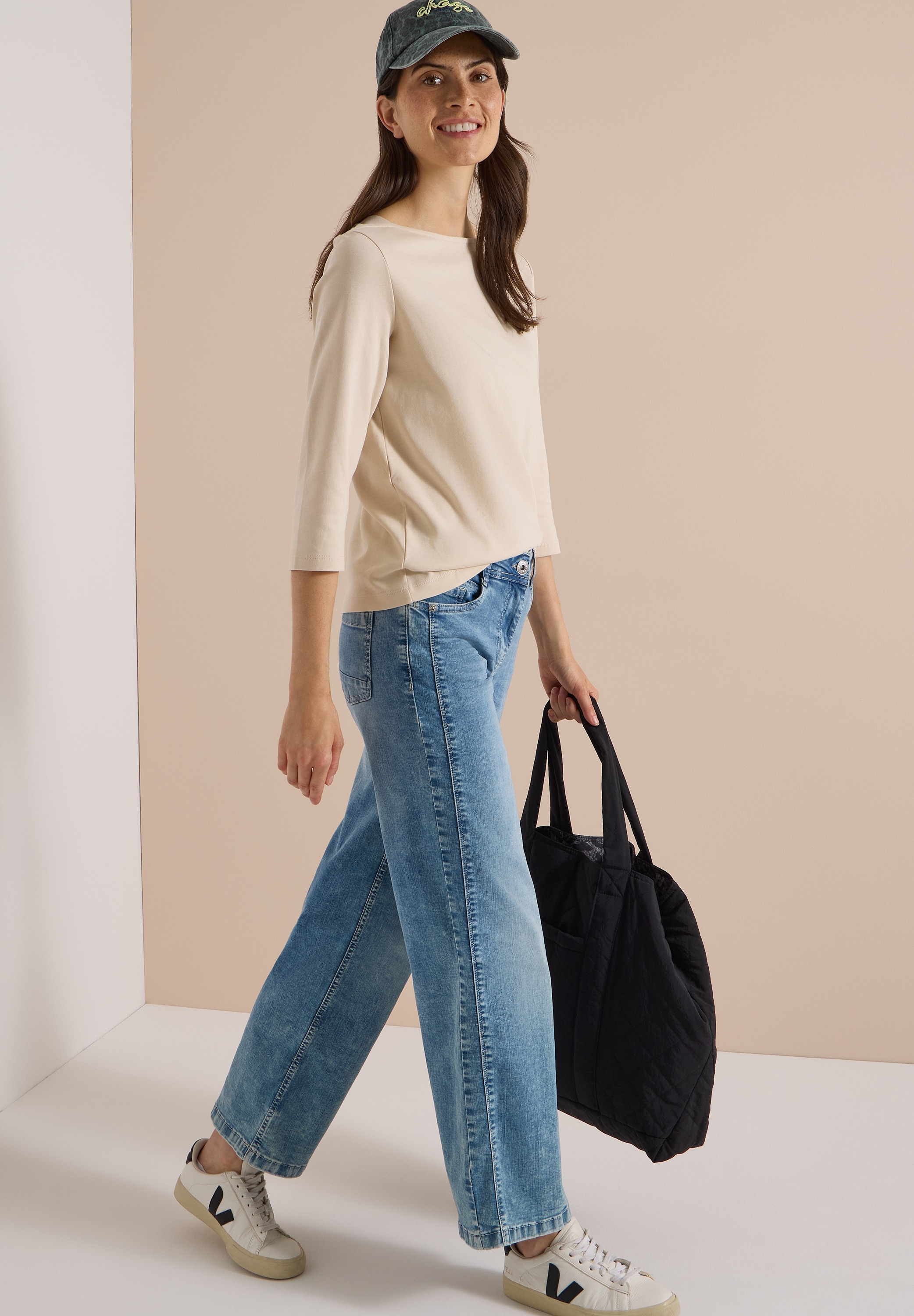 Cecil 3/4-Arm-Shirt U-Boot-Ausschnitt, unifarben, Baumwolle