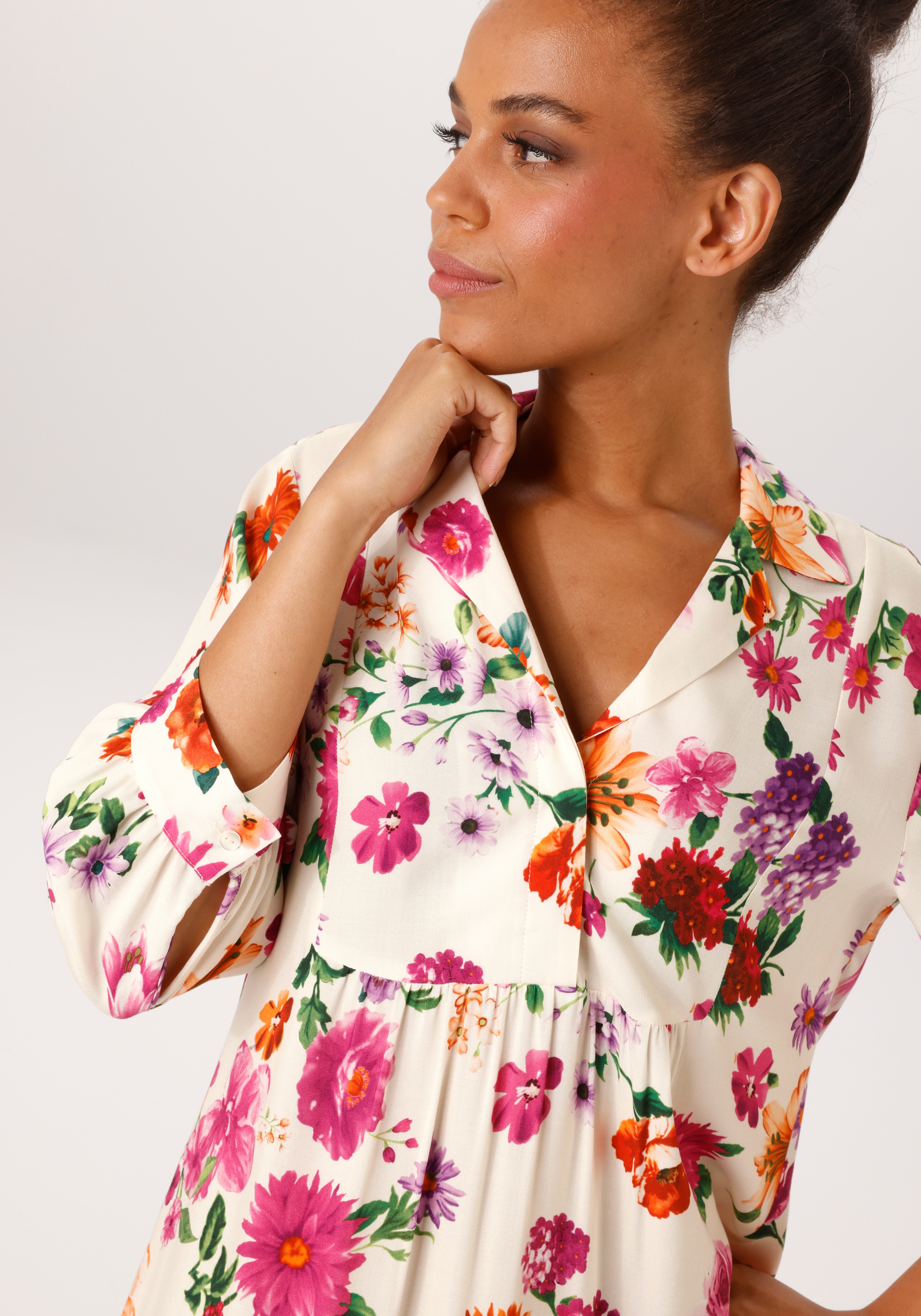 Aniston CASUAL Hemdblusenkleid mit romantischen Blumendruck - jedes Teil ein Unikat - NEUE KOLLEKTION