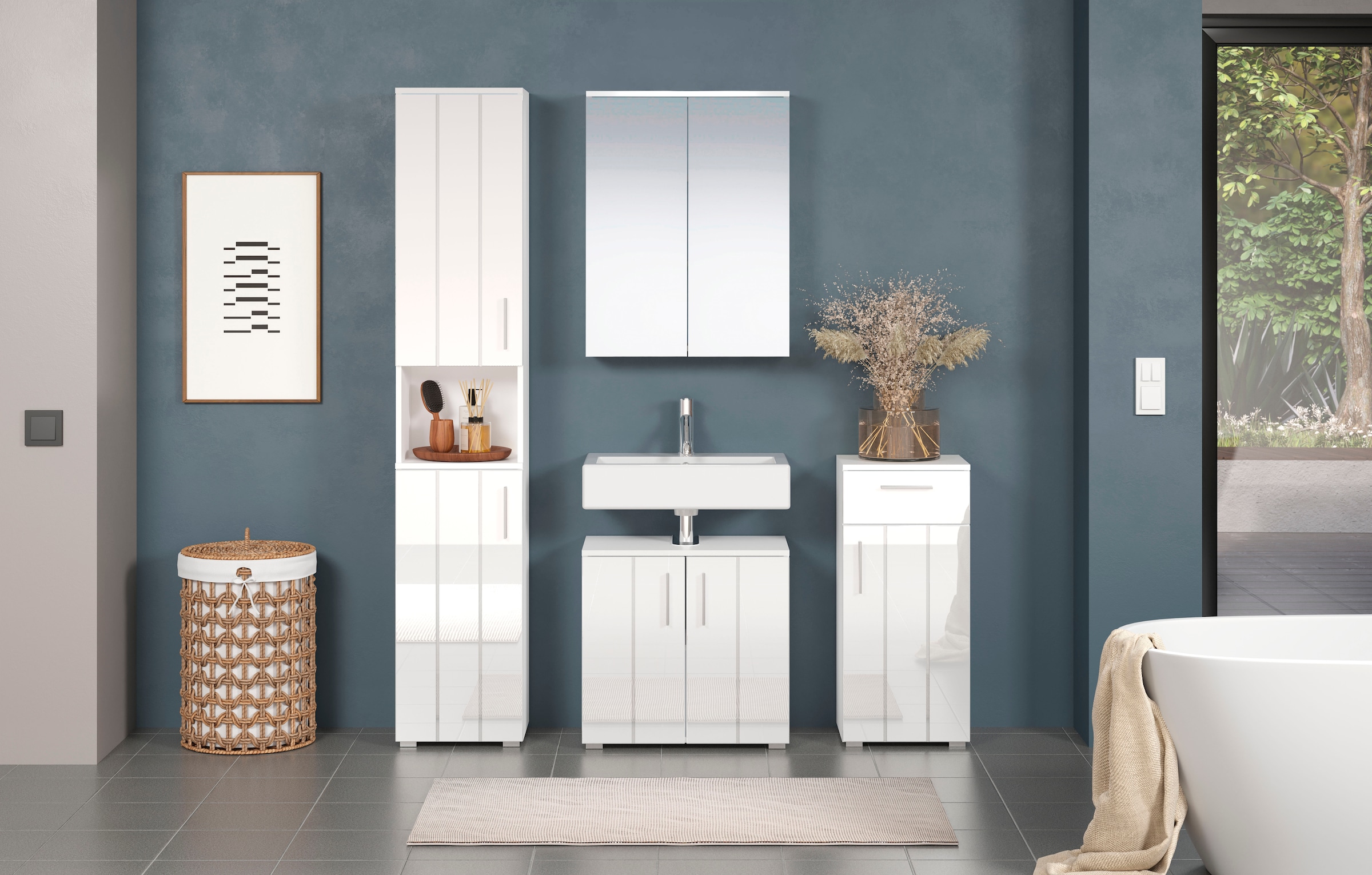 welltime Badezimmer-Set »Prag«, (Set, 4 St.), Badmöbel - Hochschrank, Waschtisch, Spiegelschrank und Unterschrank
