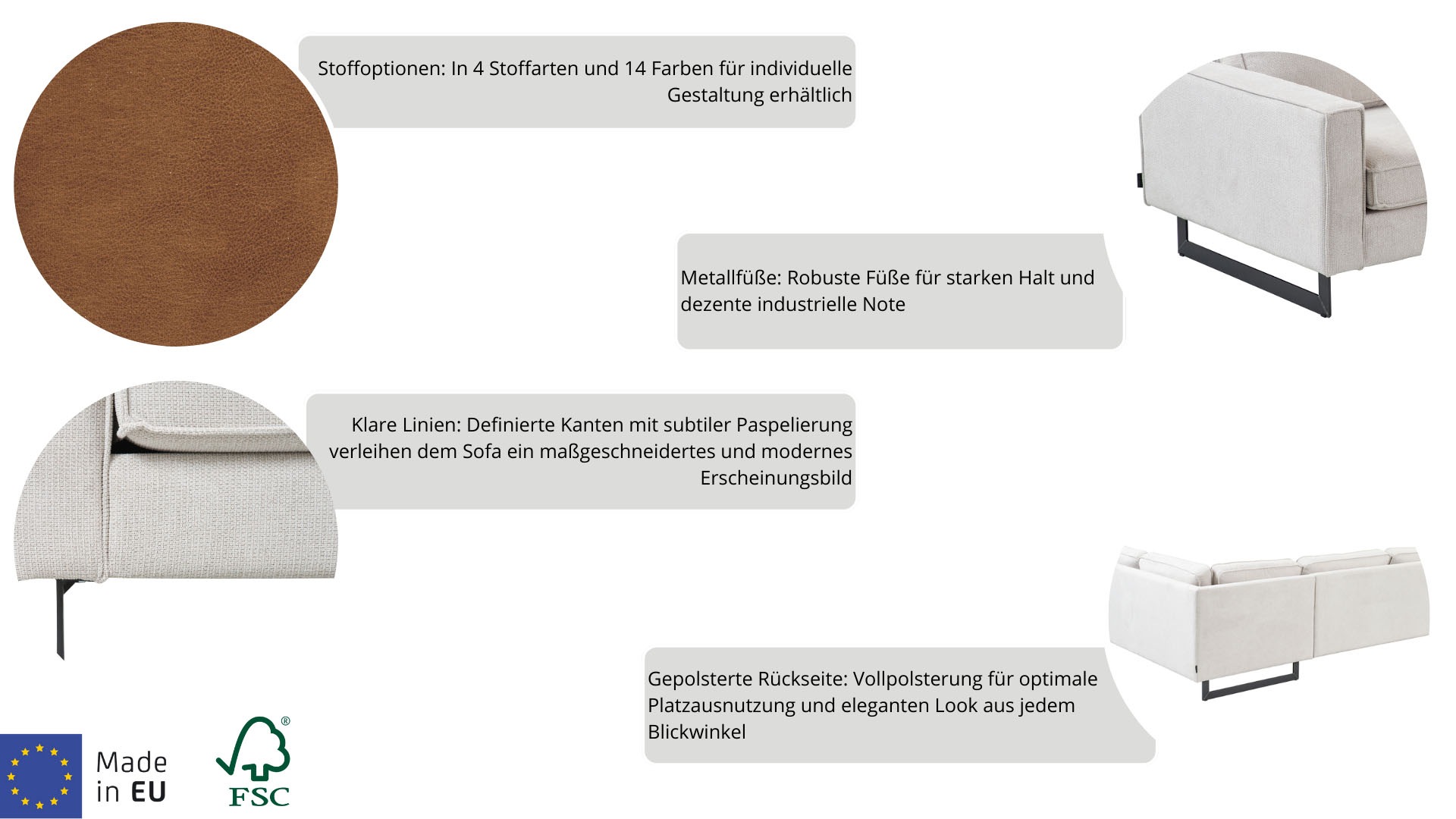 Places of Style Loveseat »Pinto 105 cm, Cord, Chenille, Lederoptik«, mit Keder, Metallfüßen und auch in Cord Bezug erhältlich