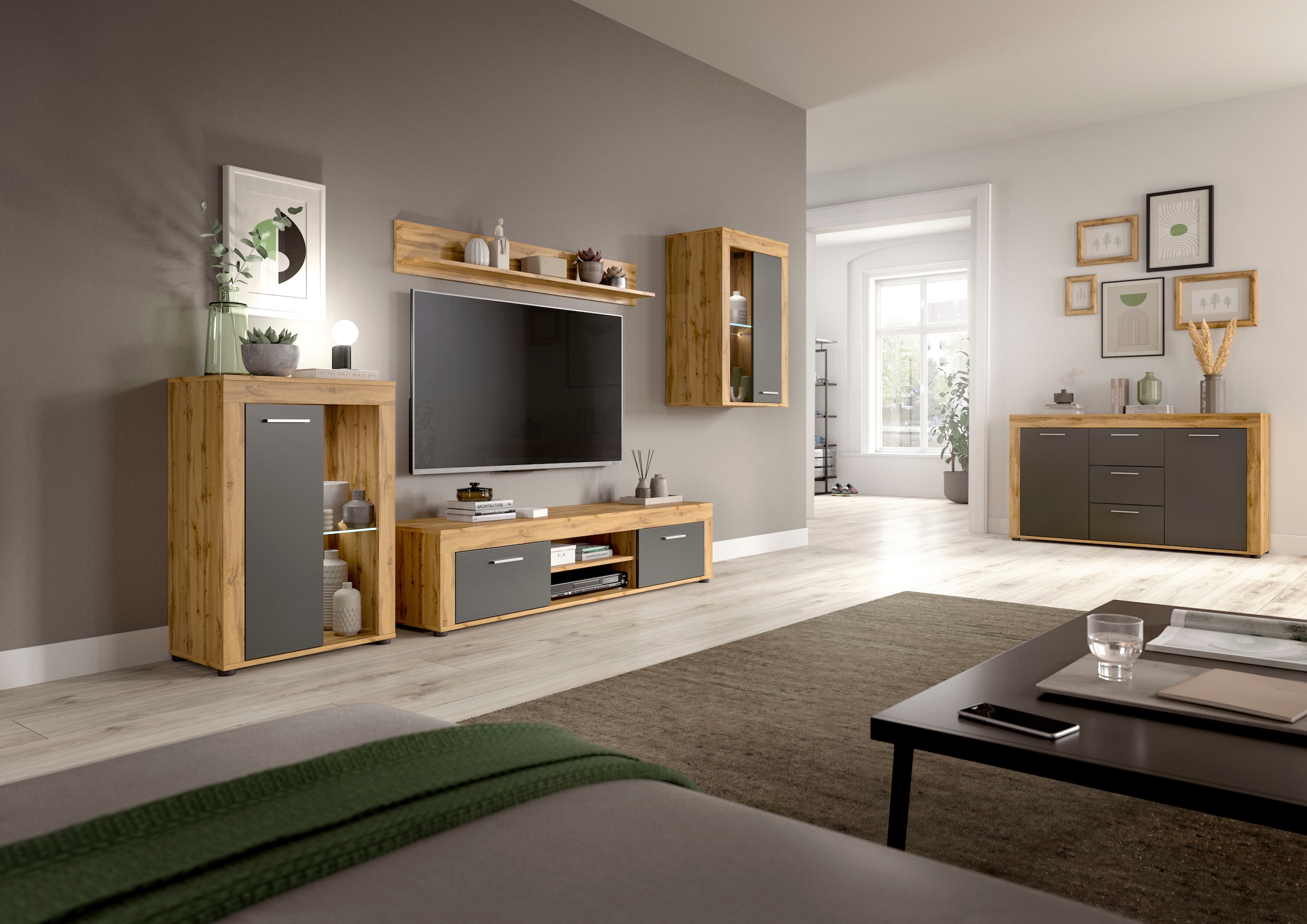 Home affaire Wohnwand »AOSTA, Breite 330cm, 4-teilige Wohn-Kombination« bestehend aus: Highboard, Lowboard, Wandboard & Vitrine, 4 Stk. tlg.