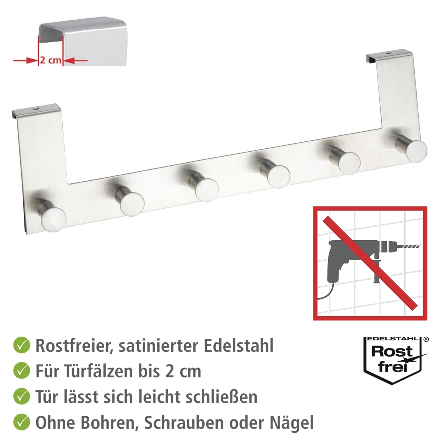 WENKO Türhaken »Modell Celano«, Türgarderobe, Hakenleiste mit 6 Haken, für einen Türfalz von 2 cm