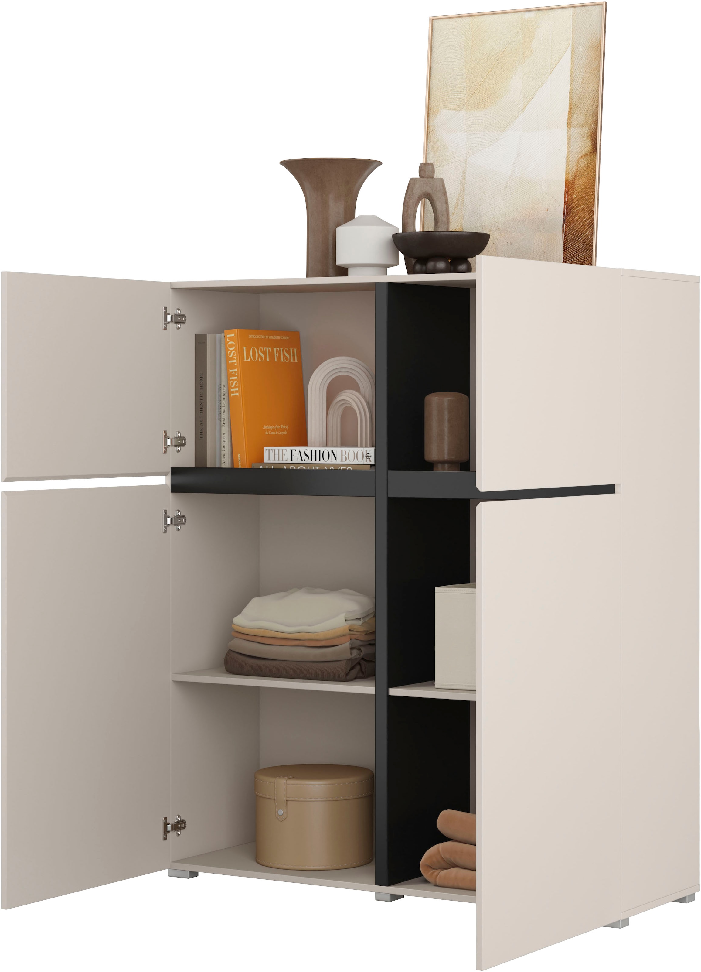 OTTO home Hochkommode »Cross,Breite 119,5 cm, moderne grifflose Hochkommode mit 4 Türen« Hochschrank mit viel Stauraum, Einlegeböden verstellbar