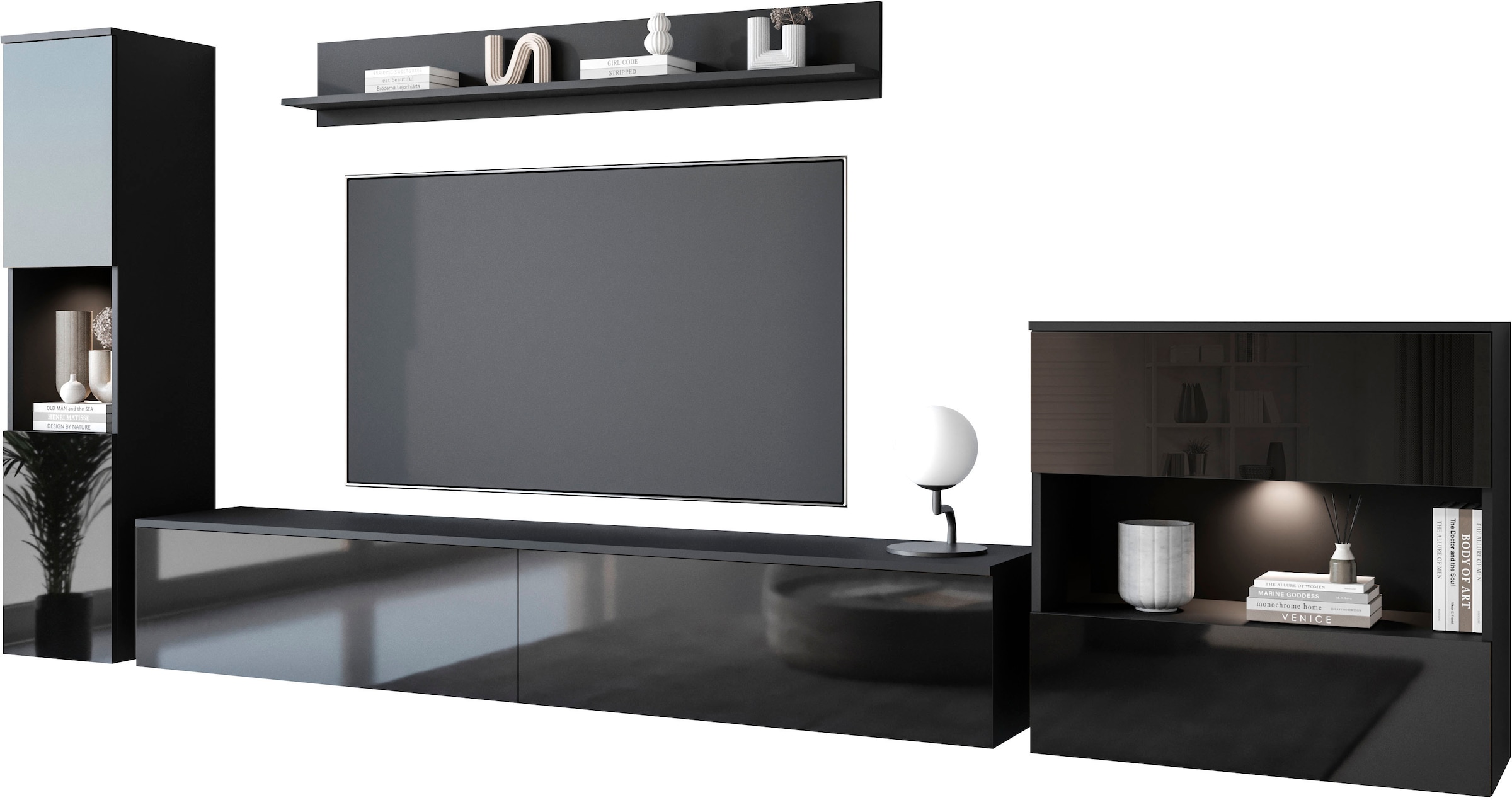 INOSIGN Wohnwand »PARIS, Vitrine Türanschlag links/rechts wechselbar«, (Komplett-Set, 4 St.), grifflose Design, stehend und hängend montierbar