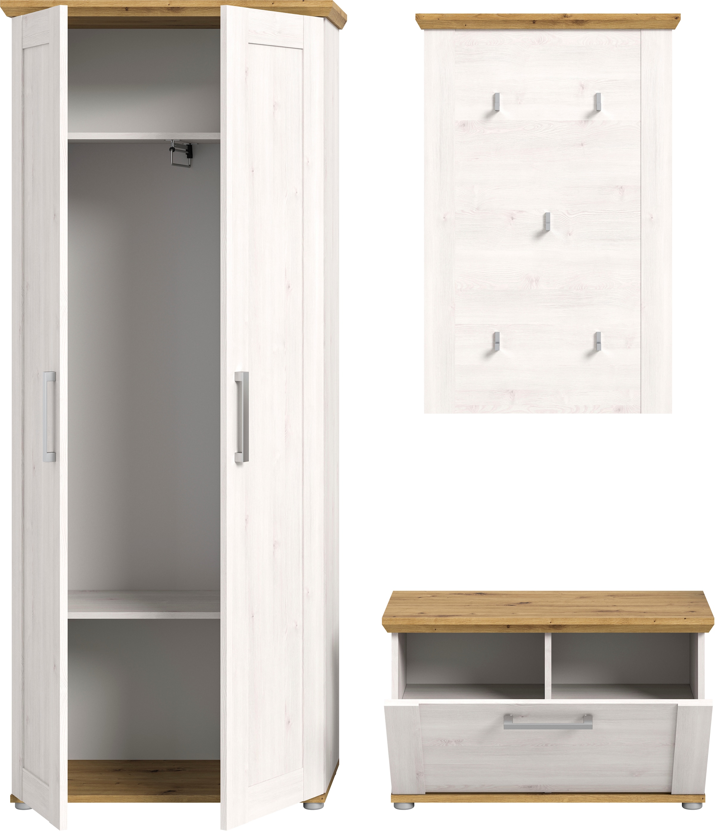 Home affaire Garderoben-Set »Cosenza, Breite ca. 175 cm, 2-farbig, 3-teilig, bestehend aus:«, (3 St.), Garderobenschrank, Sitzbank, Garderobenpaneel, in Landhausoptik