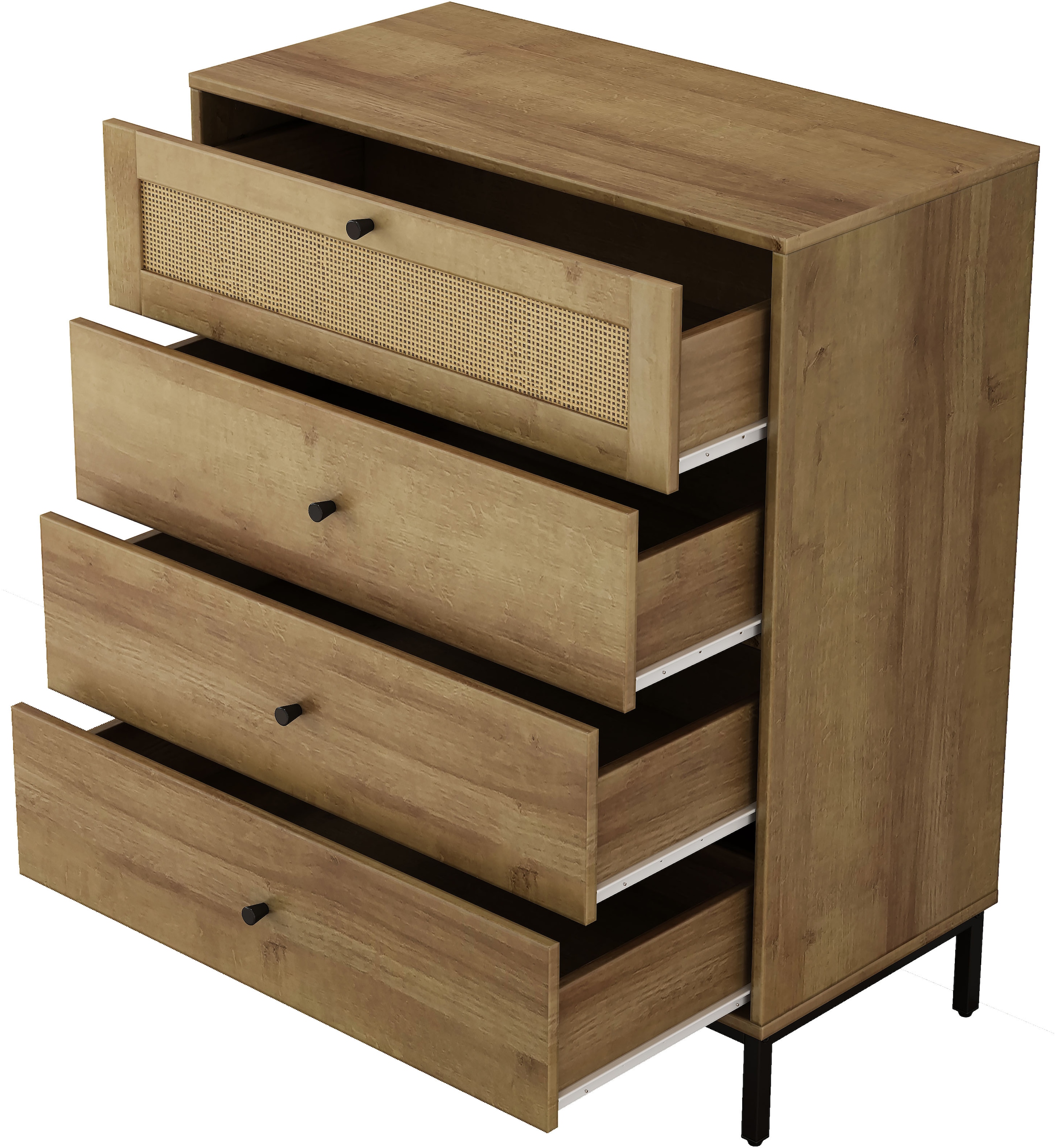 OTTO home Kombikommode »Motala Sideboard Wäscheschrank im BOHO Design Bestseller Kommode« Eichen-Design mit Geflecht Schublade und schwarzen Griffen,  Schrank Schlafzimmer mit 4 Schubladen hochwertig