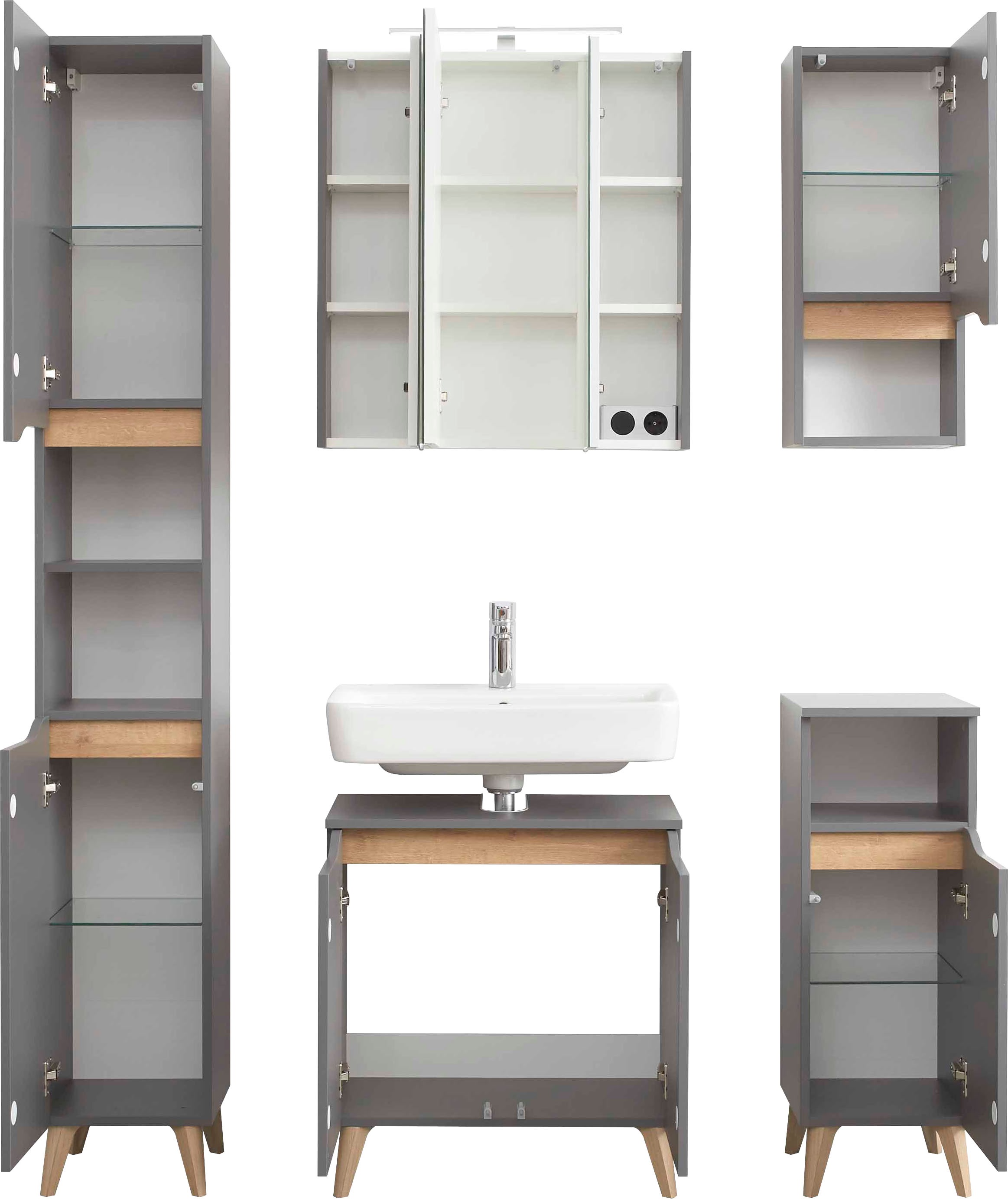 Saphir Badmöbel-Set »Quickset 5-teilig Waschbeckenunterschrank und LED-Spiegelschrank«, (5 St.), Hochschrank, Unterschrank, Hängeschrank, inkl. Türdämpfer, 9 Türen