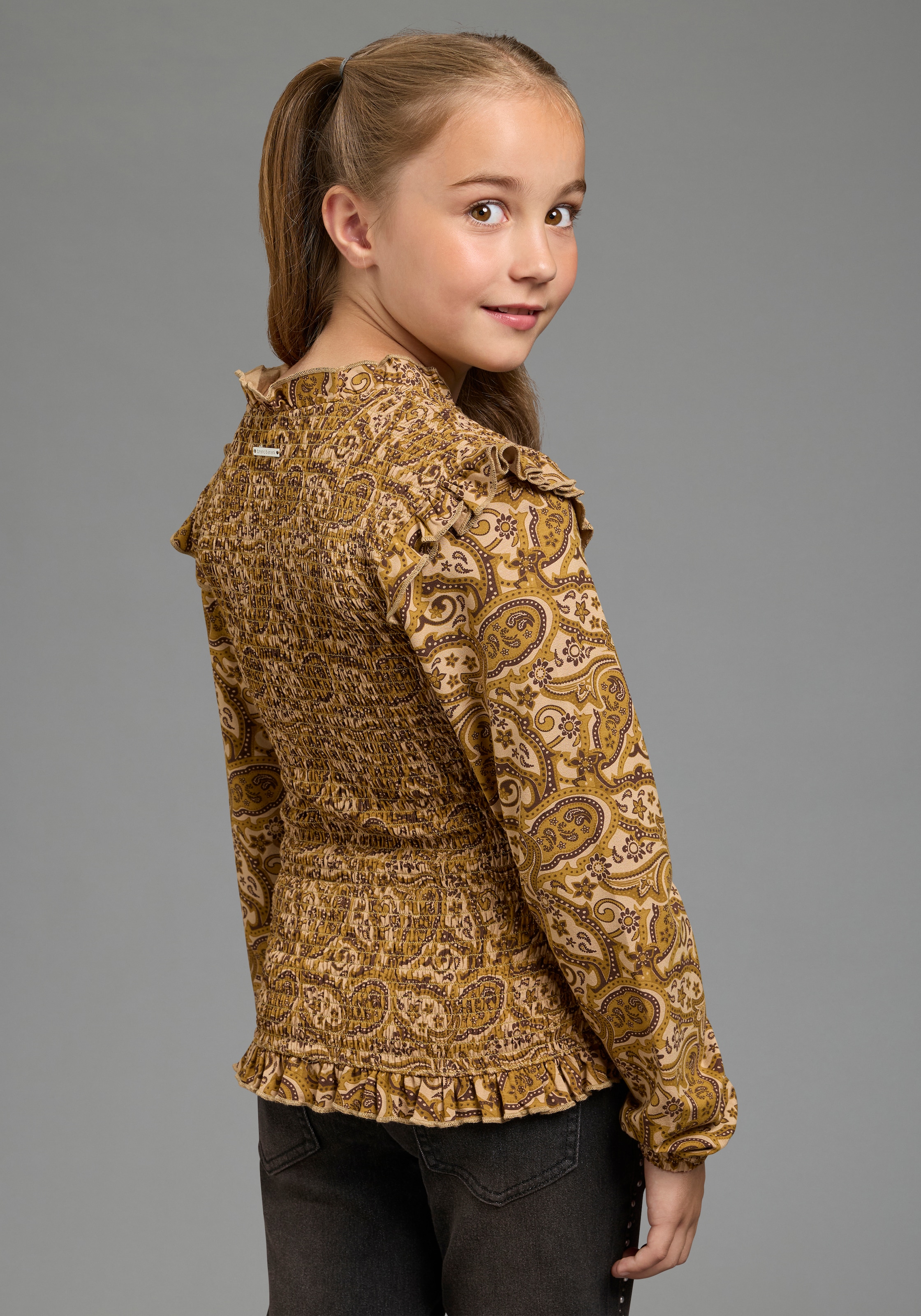 Bruno Banani Langarmshirt »Viskose-Shirt im Allover-Design« extraeng geschnitten, mit Puffärmeln, mit gekräuseltem Ausschnitt