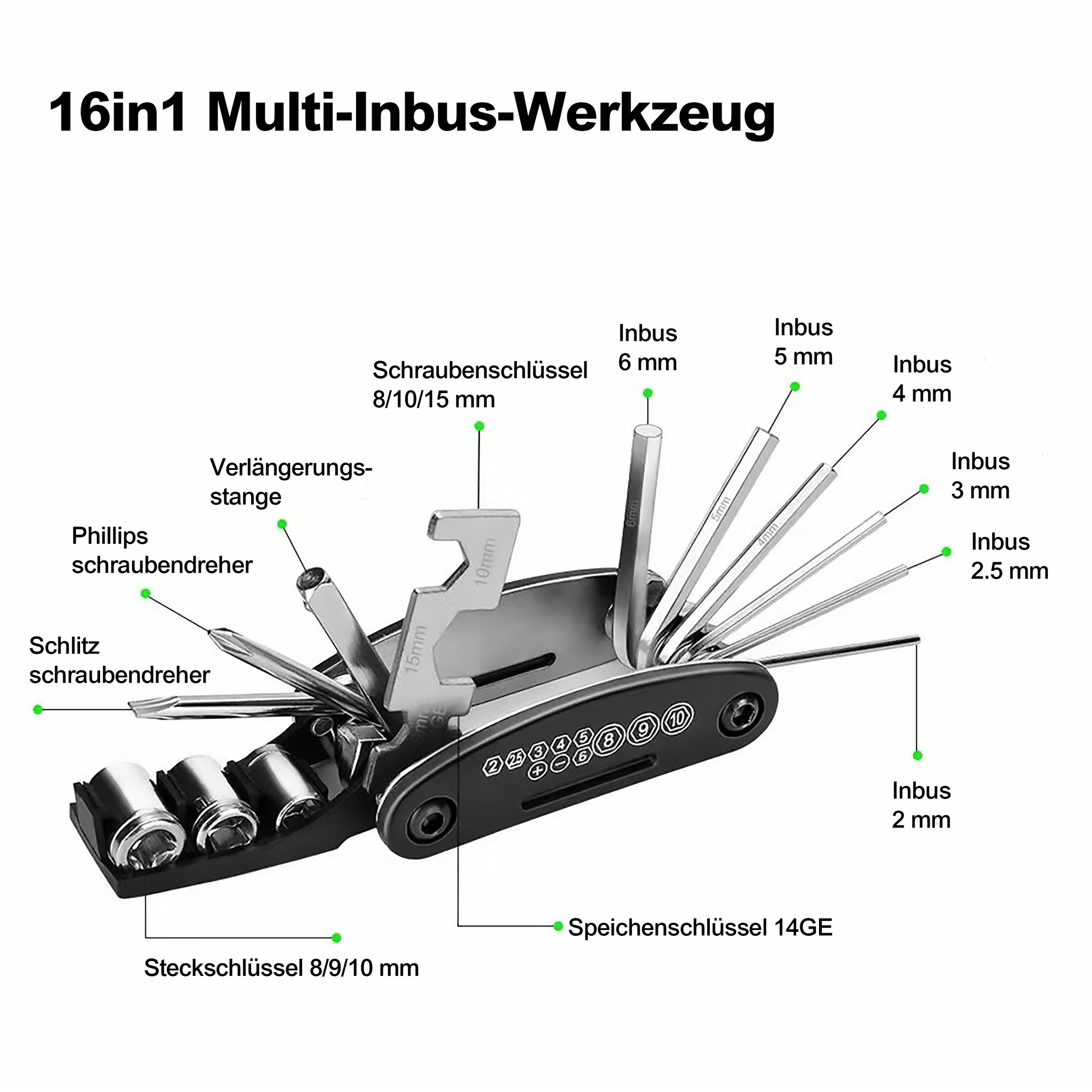 be cool Multitool »Multi-Inbus-Werkzeug«, 16 Werkzeuge in einem, ideal für Fahrräder und E-Scooter