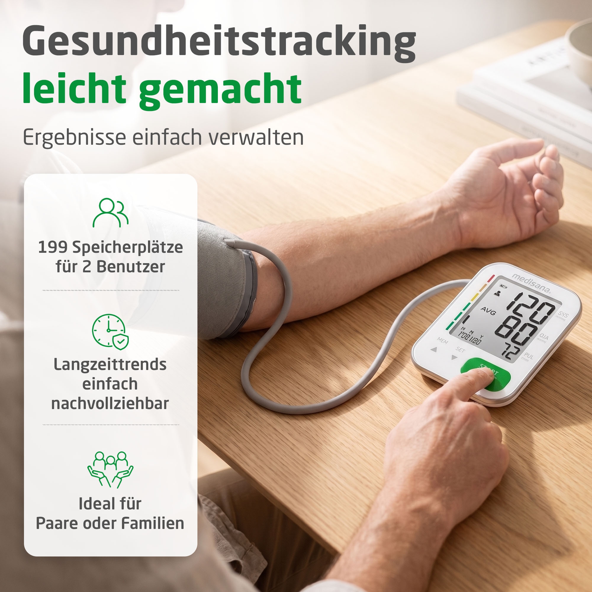 Medisana Oberarm-Blutdruckmessgerät »BU 566« Medizinprodukt, 2 Benutzer, je 199 Speicherungen, Ampel Farbskala