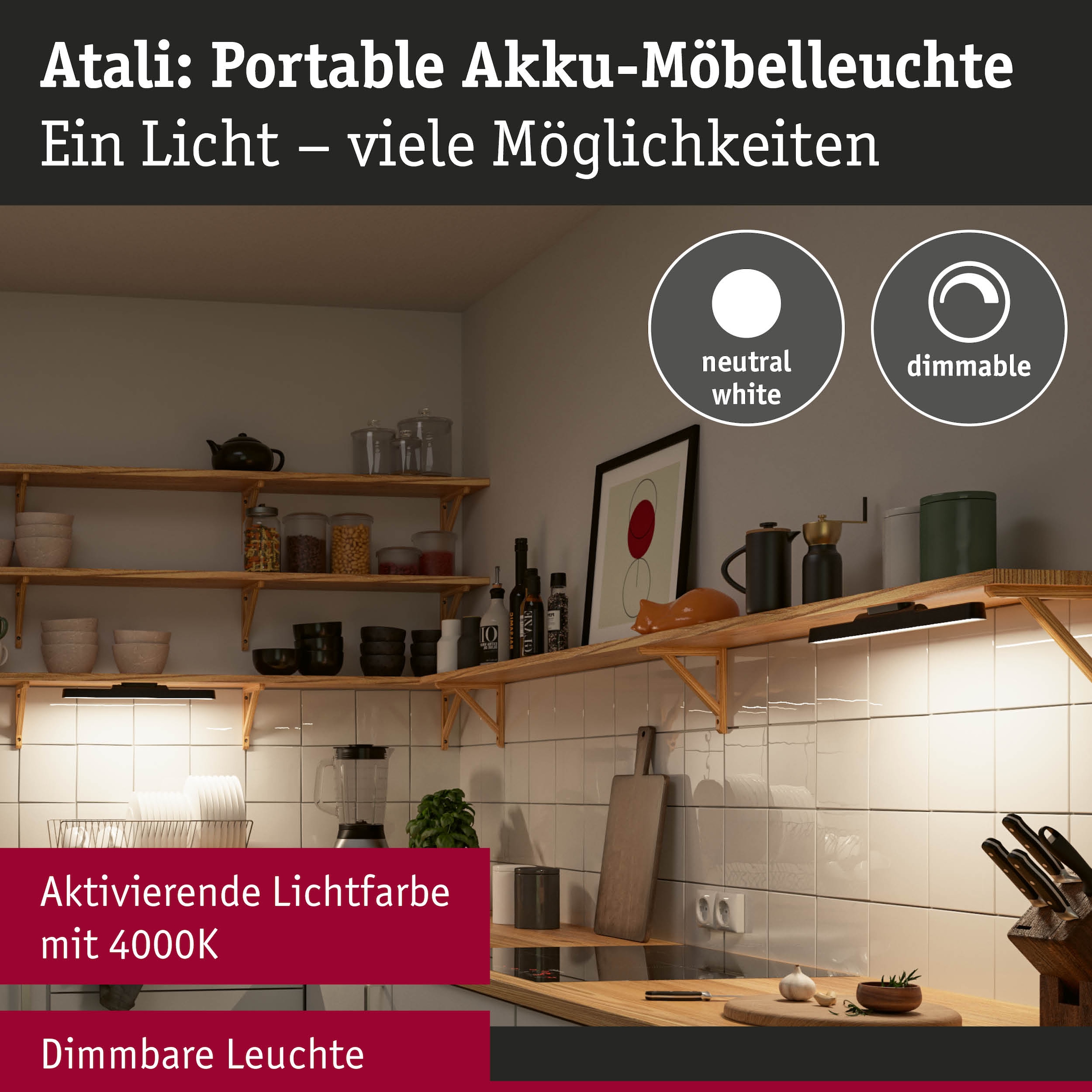 Paulmann Einbauleuchte »Mobile Möbelaufbauleuchte Atali 240lm 4000K« LED-Modul 1 Stk. Neutralweiß Dimmer, Ein-/Ausschalter, USB-Ladefunktion
