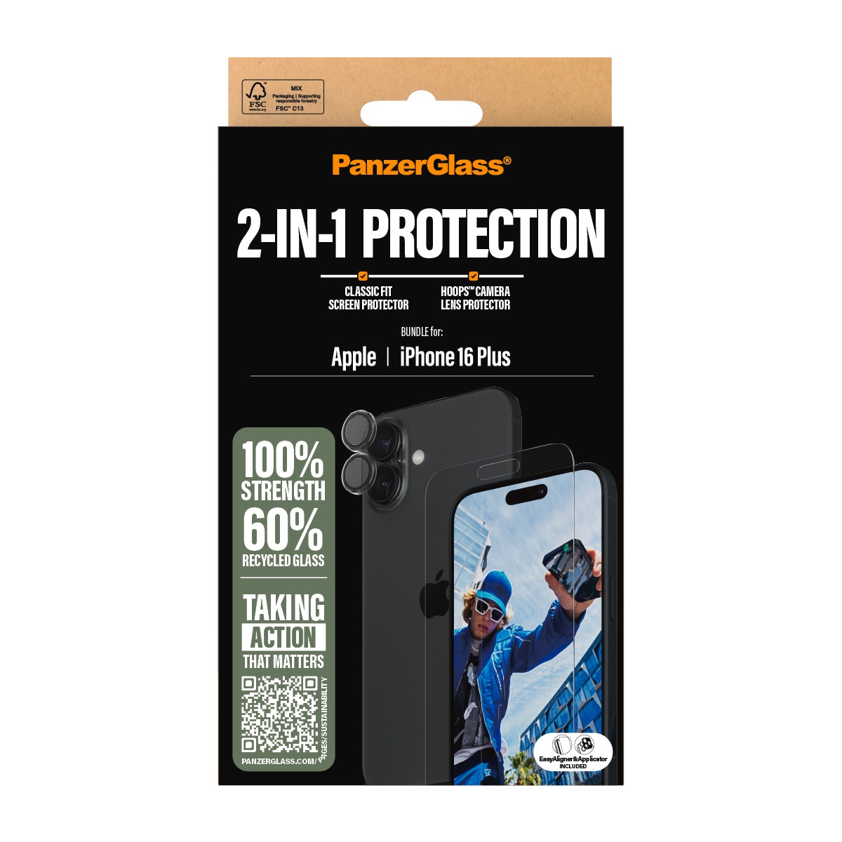 PanzerGlass Displayschutzglas »2-in-1 Protection, Glass, Lens Protector«, für Apple iPhone 16 Plus, Displayschutzfolie, Schutzfolie, Bildschirmschutz, kratz- & stoßfest