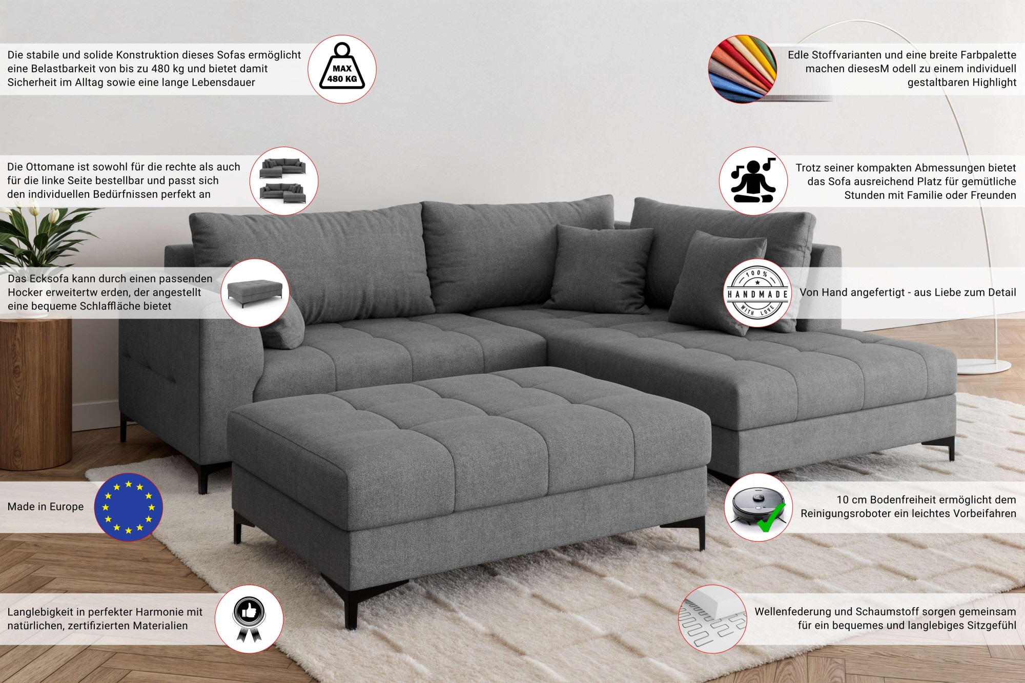 OTTO home Ecksofa »LEEVKE Design-Sofa mit Ottomane rechts/links bestellbar, Breite 232 cm« in vielen modernen Farben erhältlich, belastbar bis 480 kg