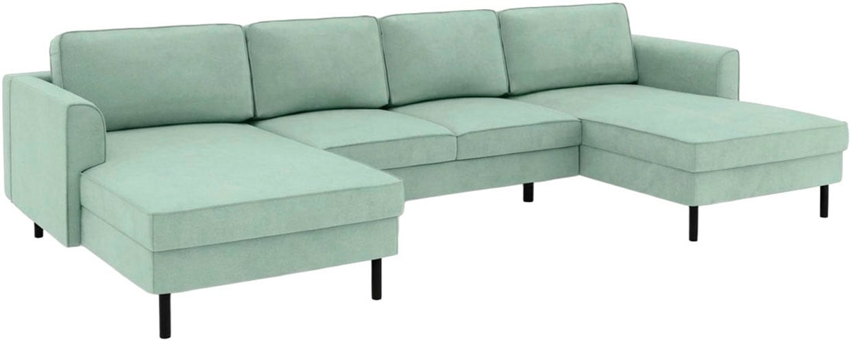 Home affaire Wohnlandschaft »Booster II, whlw. mit Schlaffunktion & Bettkasten, Fuß schwarz« Sofa in U-Form, Breite 305 cm, in Cord oder Struktur LEO o. LINO