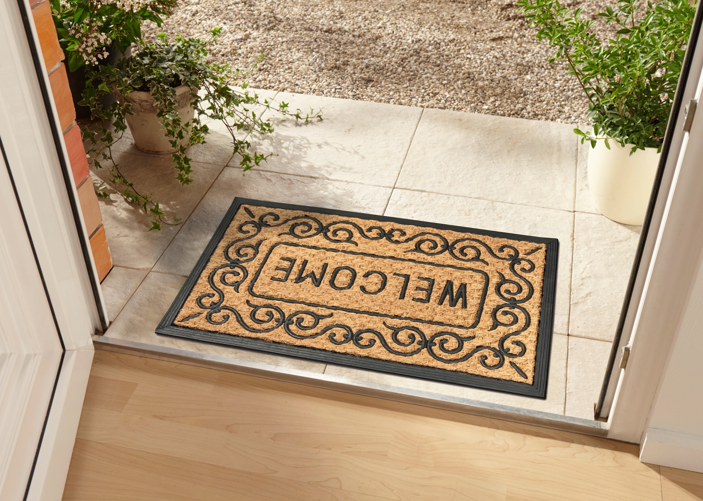 HANSE Home Fußmatte »Mix Mats Gummi-Kokos Welcome Floral Border, Türmatte«, rechteckig, 15 mm Höhe, Kokos, Gummi, Schmutzfangmatte, Outdoor, Rutschfest, Innen, Kokosmatte