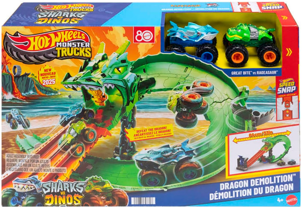 Hot Wheels Autorennbahn »Hot Wheels Monster Trucks Drachenangriff« inklusive 2 Spielzeugtrucks