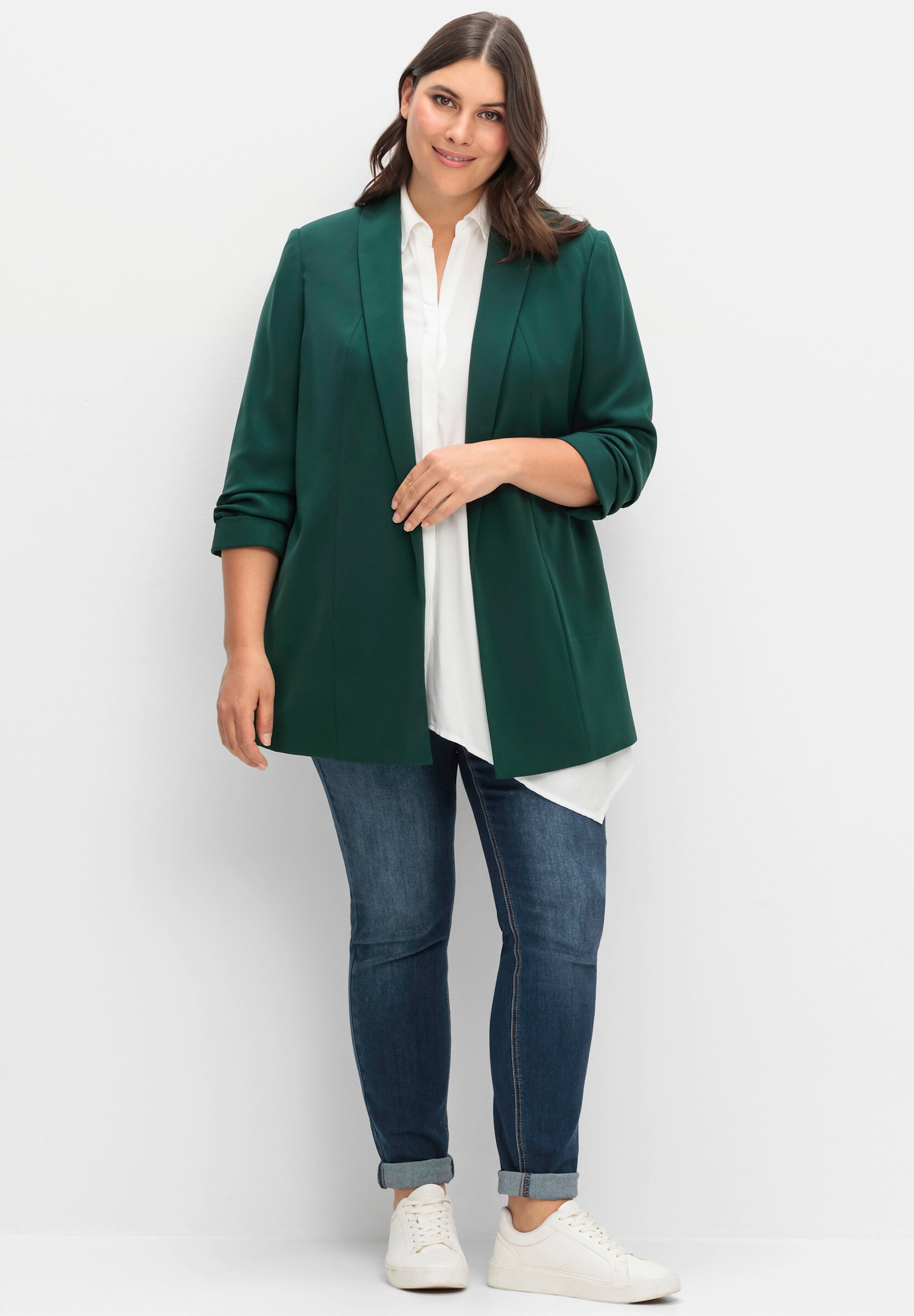 Sheego Blusenblazer »Longblazer Longblazer mit Schalkragen« mit Schalkragen und gerafftem 3/4-Arm