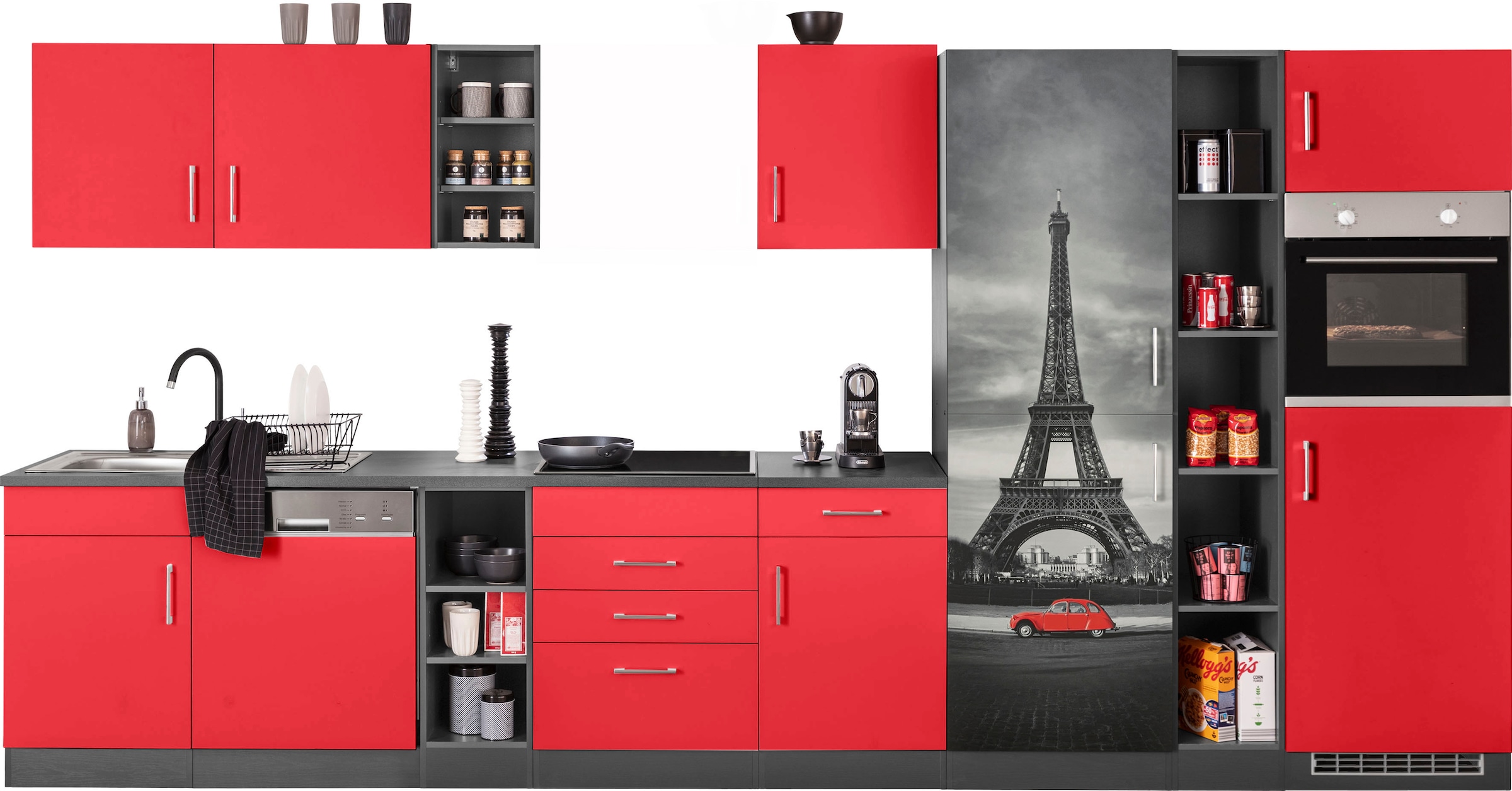 KOCHSTATION Küchenzeile »KS-Paris – Küchen mit einzigartigen Fotomotiven auf den Fronten« Breite 400 cm, wahlweise mit E-Geräten und Induktion
