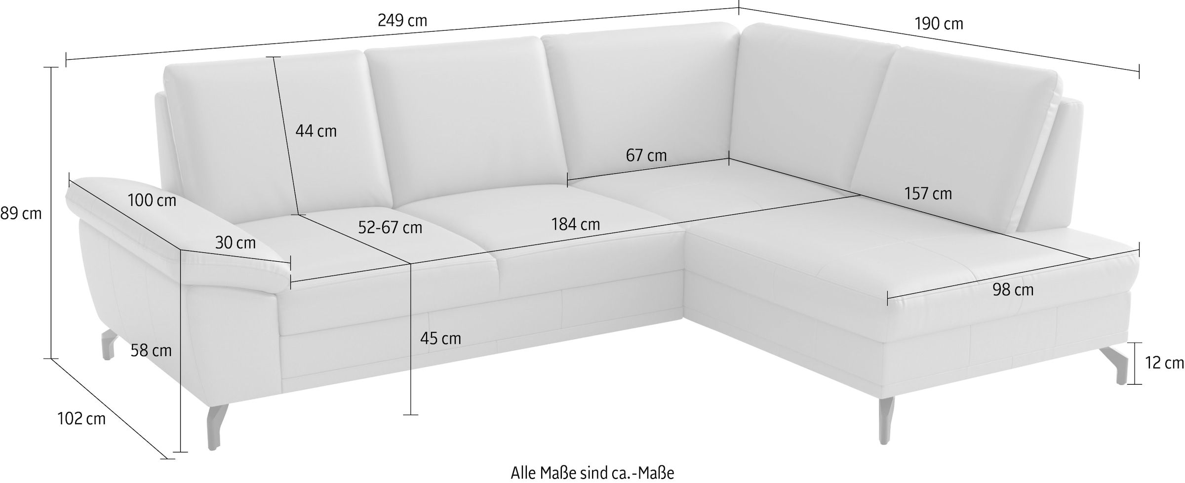 sit&more Ecksofa »Chelsea Leder L-Form, B:249 cm, inkl. Armteil- & Sitztiefenverstellung« optional mit Schlaffunktion und Bettkasten
