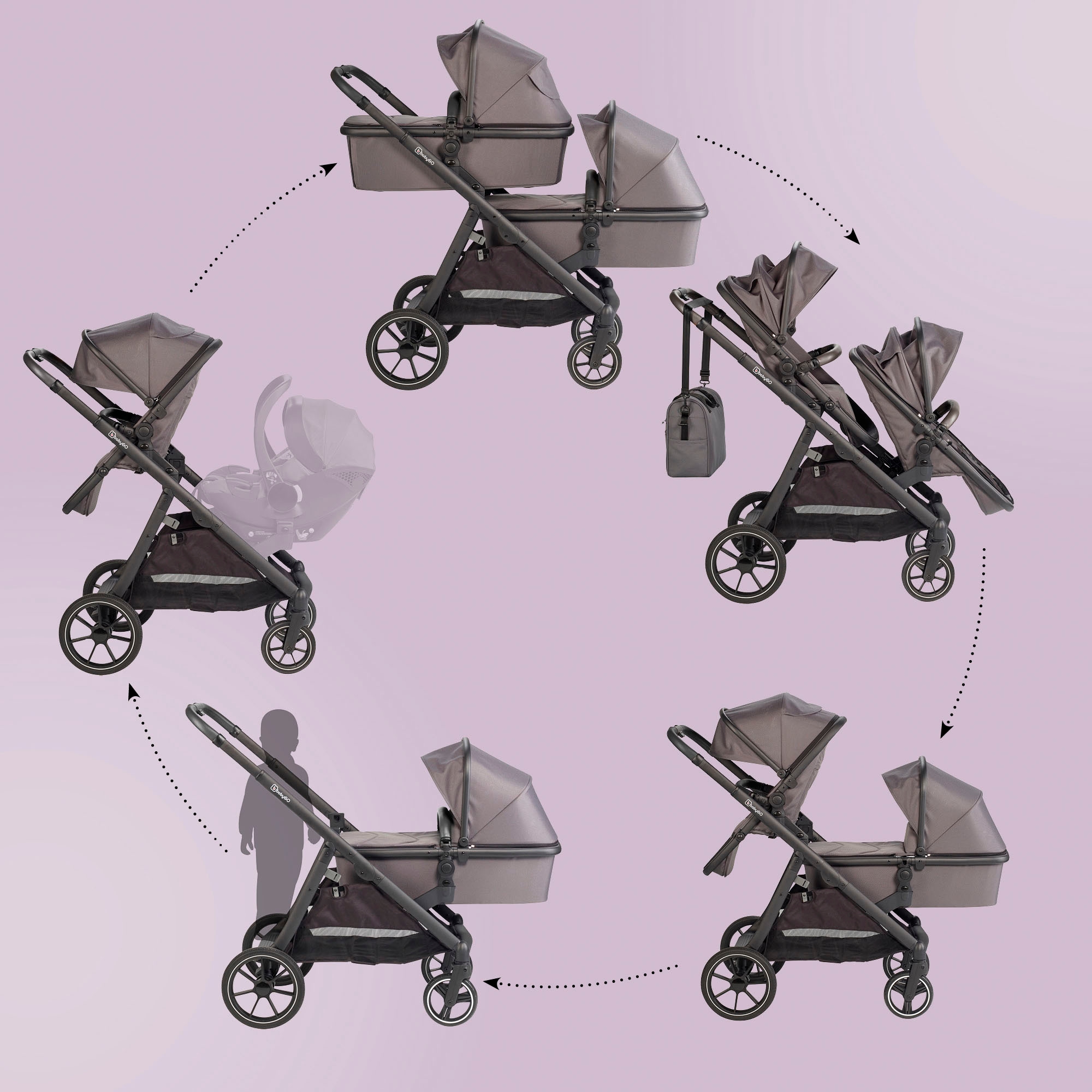 BabyGo Zwillings-Kombikinderwagen »Duo, grau« inkl. Wickeltasche u. 2 Regenhauben