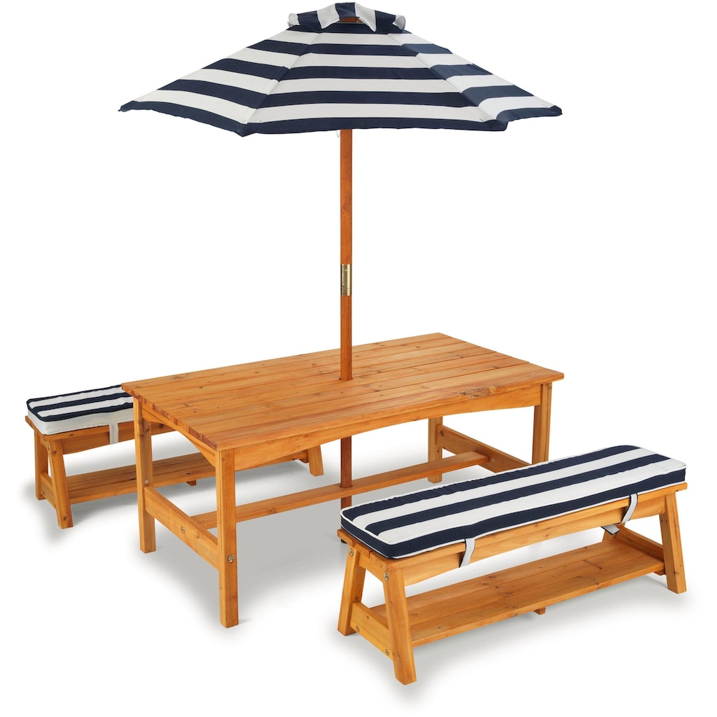 KidKraft® Kindersitzgruppe »Gartentischset hellbraun«, mit Sitzauflagen und Sonnenschirm, marineblau-weiß gestreift