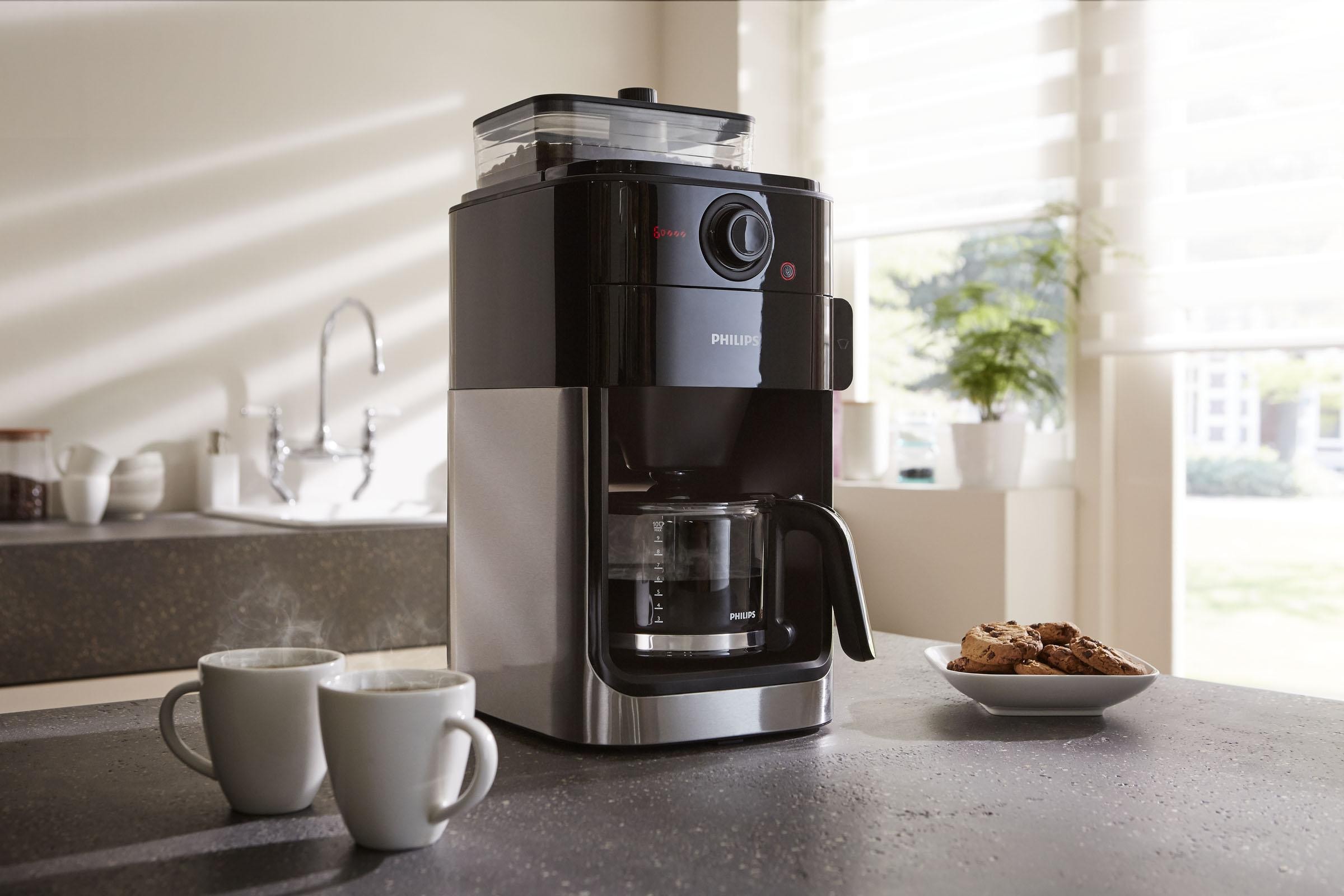 Philips Kaffeemaschine mit Mahlwerk »Grind & Brew HD7767/00«, 1,2 l Kaffeekanne, aromaversiegeltes Bohnenfach, edelstahl/schwarz