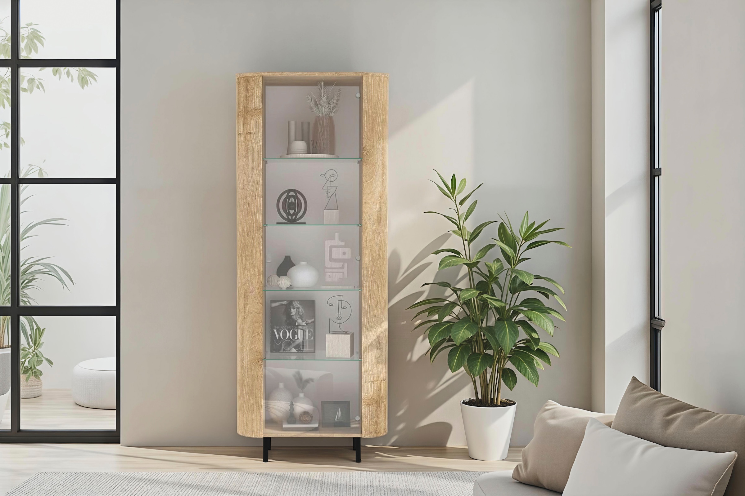 Home affaire Vitrine »Murano, Standvitrine H 200 cm, B 80 cm, 1 Tür, Vitrinenschrank« Formgebogenes MDF, Stirnseiten mit Rundung, Metallfüße, stilvoll