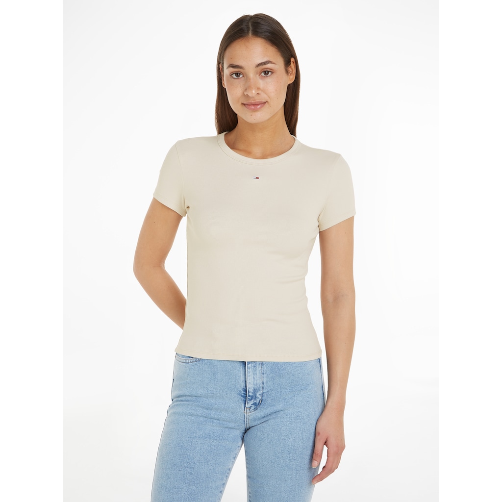 Tommy Jeans T-Shirt »Slim Essential Rib Shirt, Rippshirt Rundhalsshirt«, mit Logostickerei
