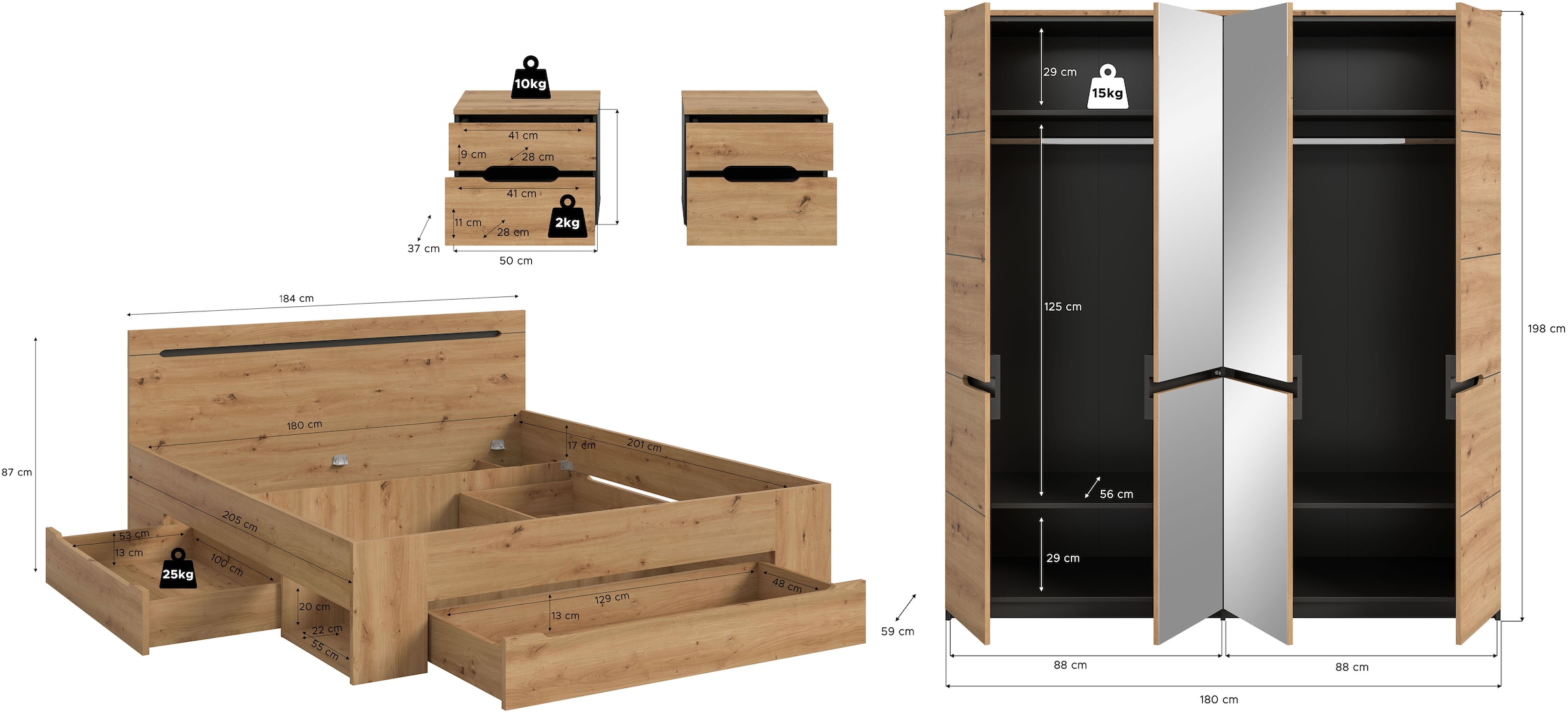 Home affaire Schlafzimmer-Set »REHAT, 4-teilig, best. aus: Bett, Kleiderschrank & 2x Nachtkommode« TOPSELLER!, für Matratzengröße 140x200 cm, viel Stauraum, 4 Stk. tlg. Rehat, Schlafzimmerset, Bett 180x200 cm, Nachttisch, Kleiderschrank