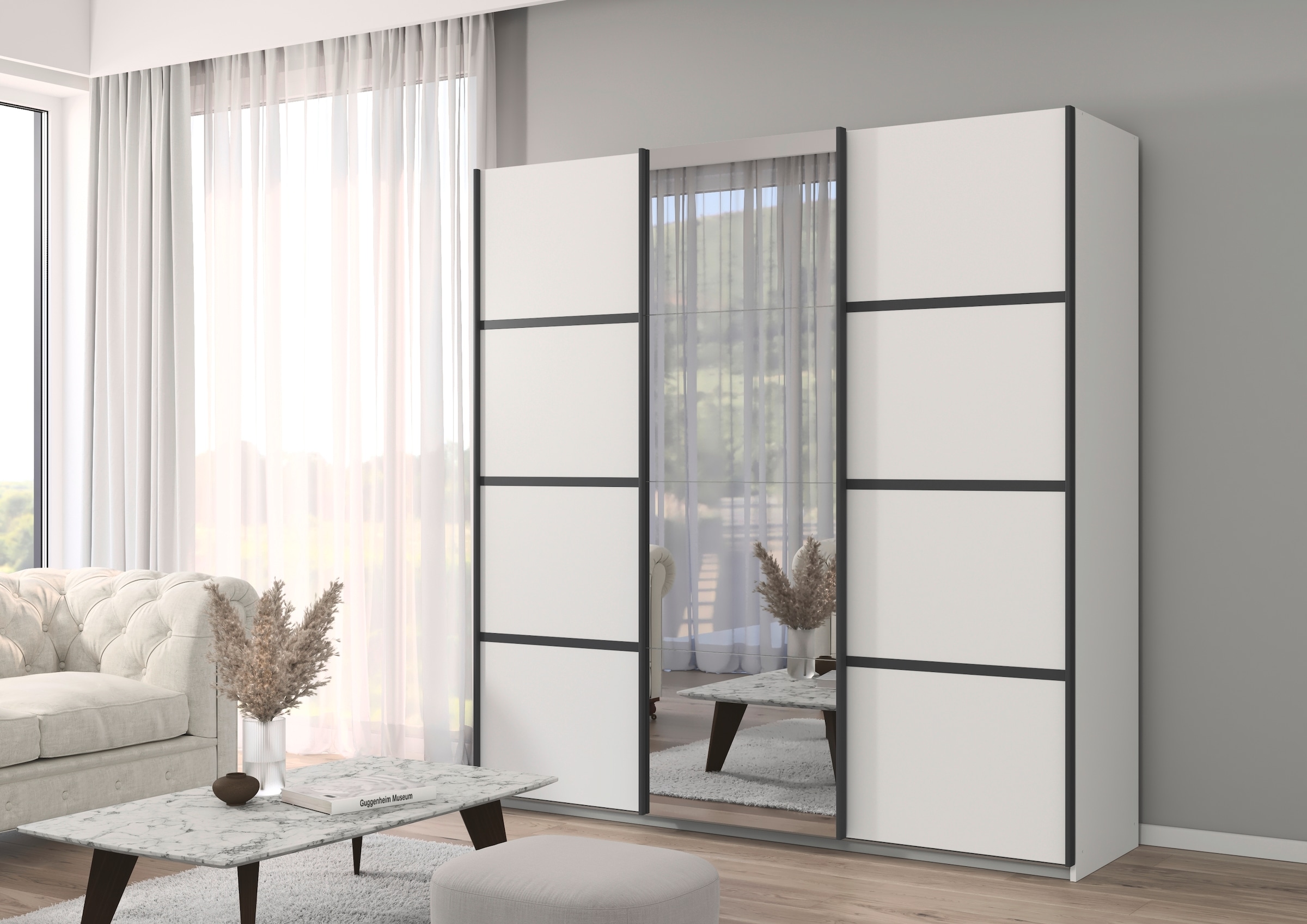 rauch Kleiderschrank »Schwebetürenschrank OTTO´s Choice Garderobe Schrank TOP ANGEBOT Avola« in 3 verschiedenen Ausstattungen BASIC/CLASSIC/PREMIUM inkl. Spiegel,  mit eleganten Zierleisten in Chrom, Schwarz oder Weiß MADE IN GERMANY