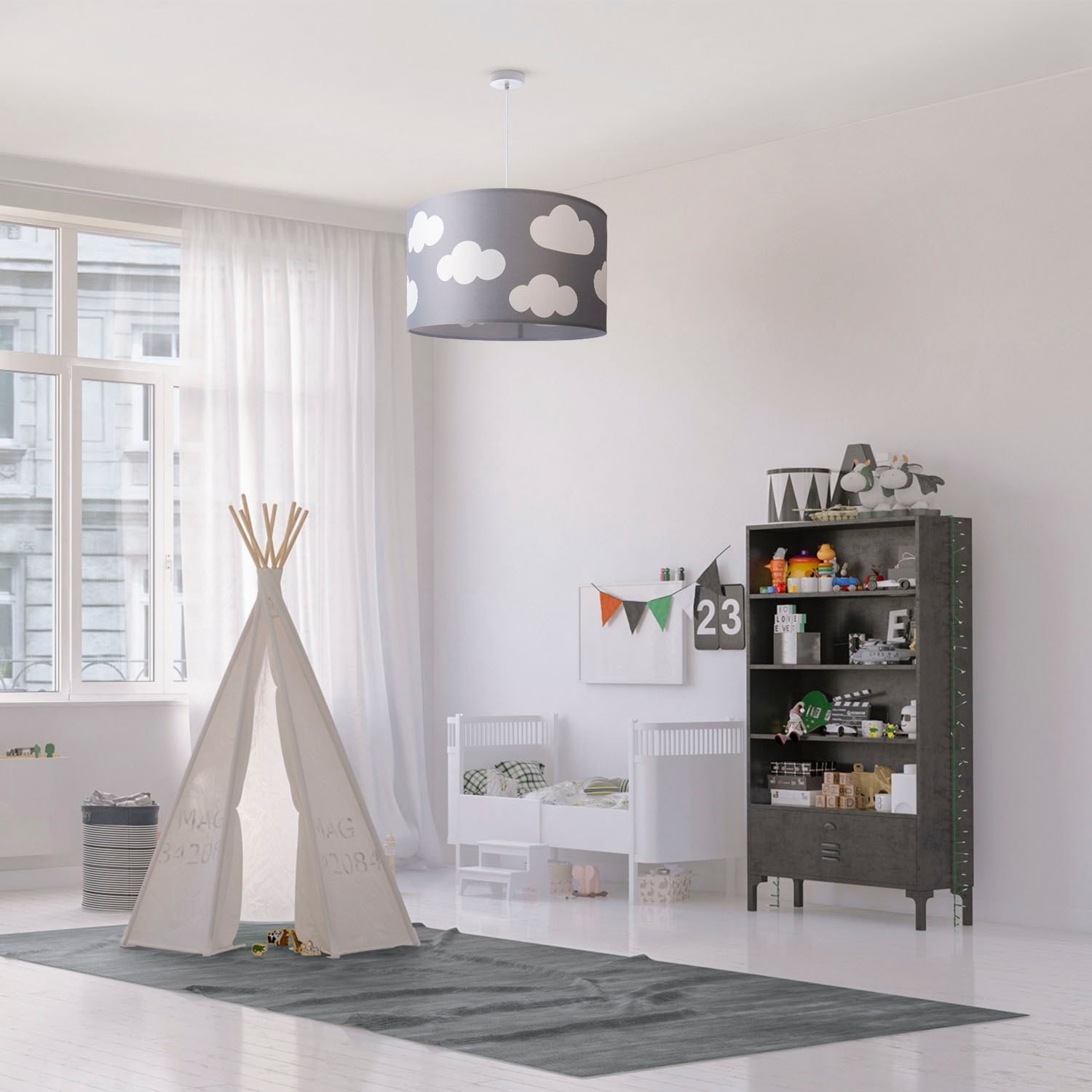 Paco Home Pendelleuchte »Hugo Cosmo«, Leuchtmittel E27 | ohne Leuchtmittel, Pendellampe Kinderzimmer Wolken Himmel Stoff Lampenschirm Rund E27
