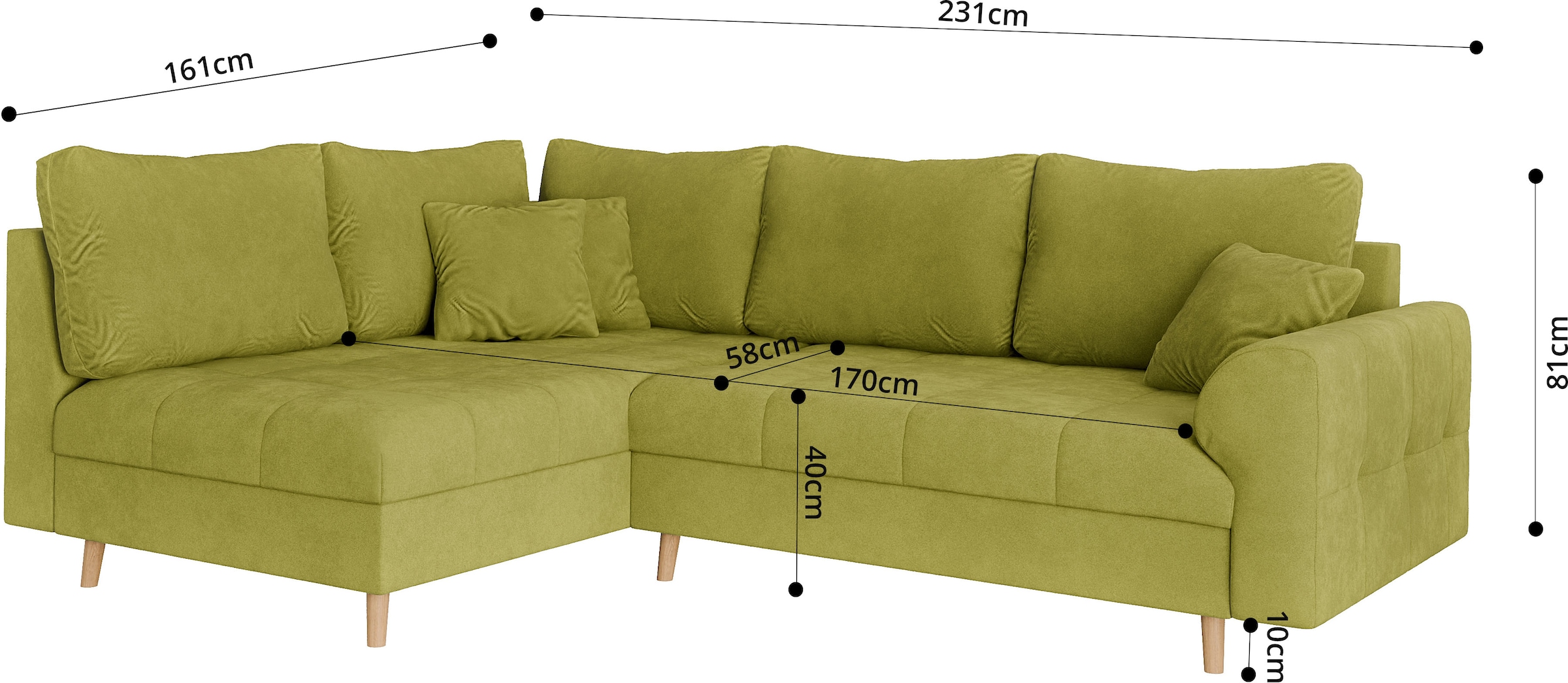 Home affaire Ecksofa »CHARRE L-Form mit Ottomane, Maße B/T/H: 231/161/81 cm«, feine Steppung, lose Rücken- und Zierkissen, auch in Cord und Bouclé