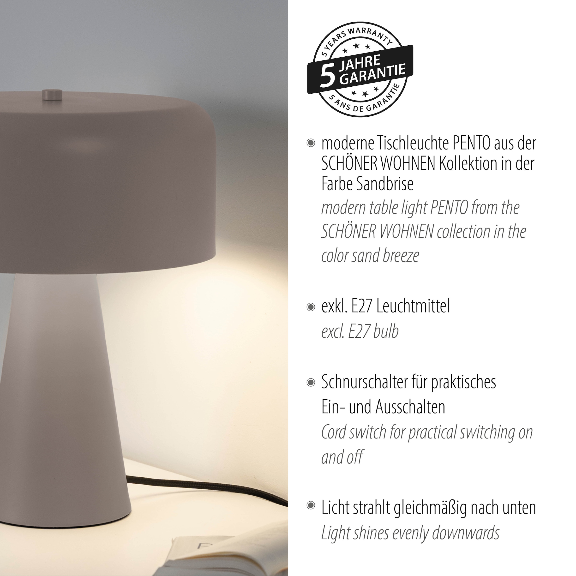 SCHÖNER WOHNEN-Kollektion LED Tischleuchte »PENTO« E27 1 Stk. SCHÖNER WOHNEN Kollektion, Schnurschalter, Downlight
