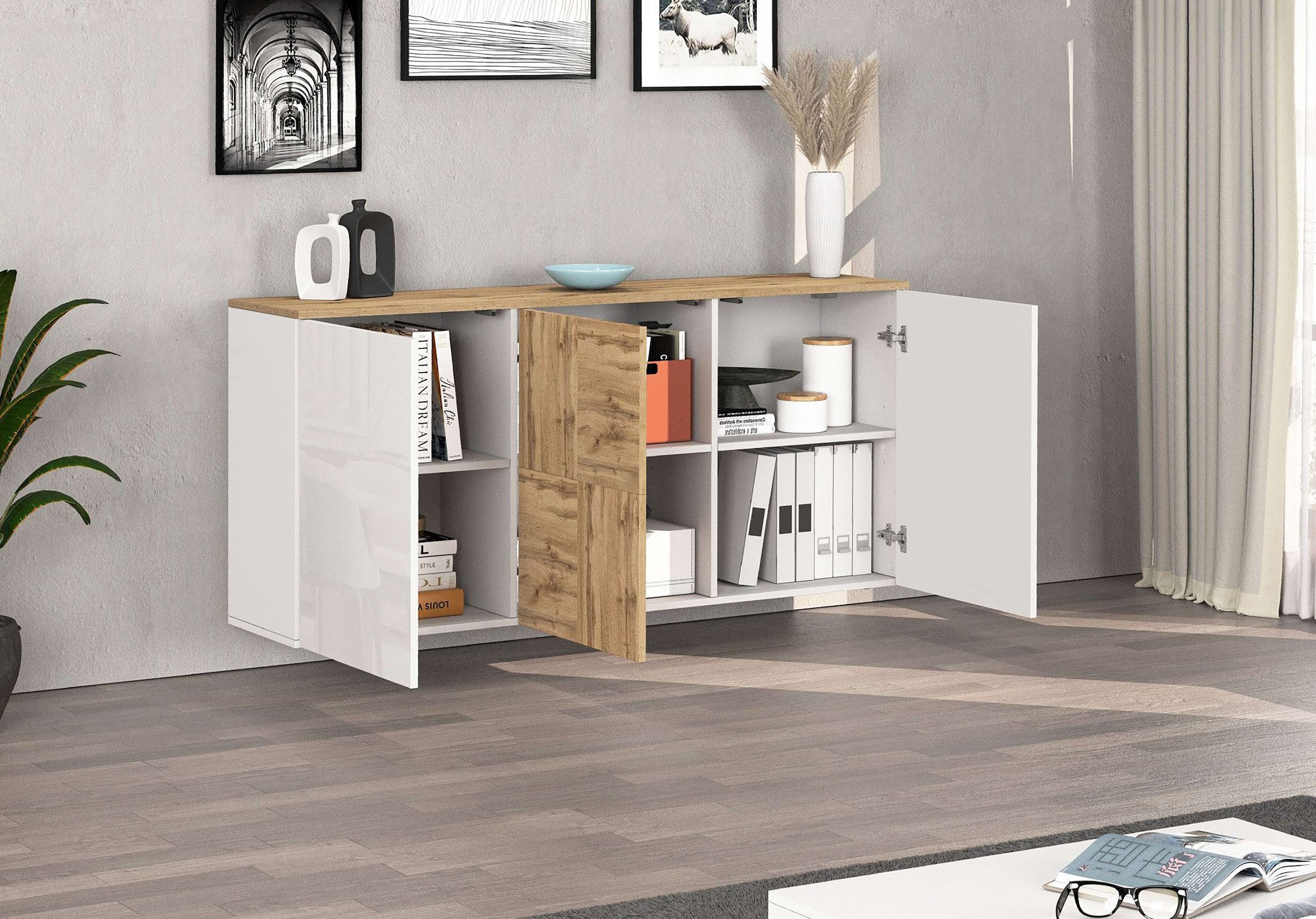 OTTO home Sideboard »ISEO, Kommode, Schrank, Sideboard, Lowboard, 6 Fächer, Breite 150 cm« 1 Stk. tlg. stehend/hängend, 3 Türen Hochglanz lackiert, Made in Italy