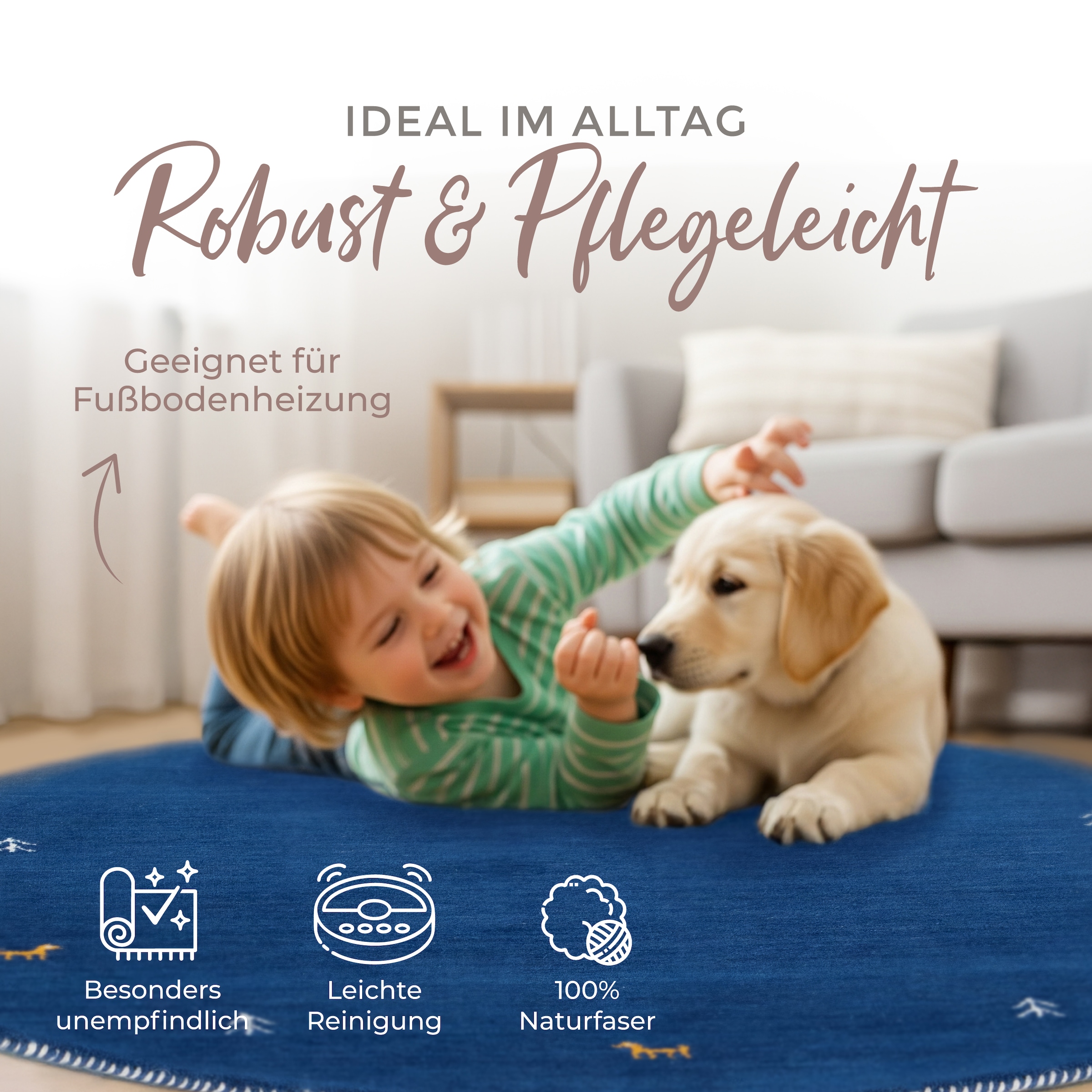 carpetfine Wollteppich »Gabbeh Uni« rund 15 mm Höhe reine Wolle handgewebt, Gabbeh Tiermotiv warmes Raumklima viele Größen