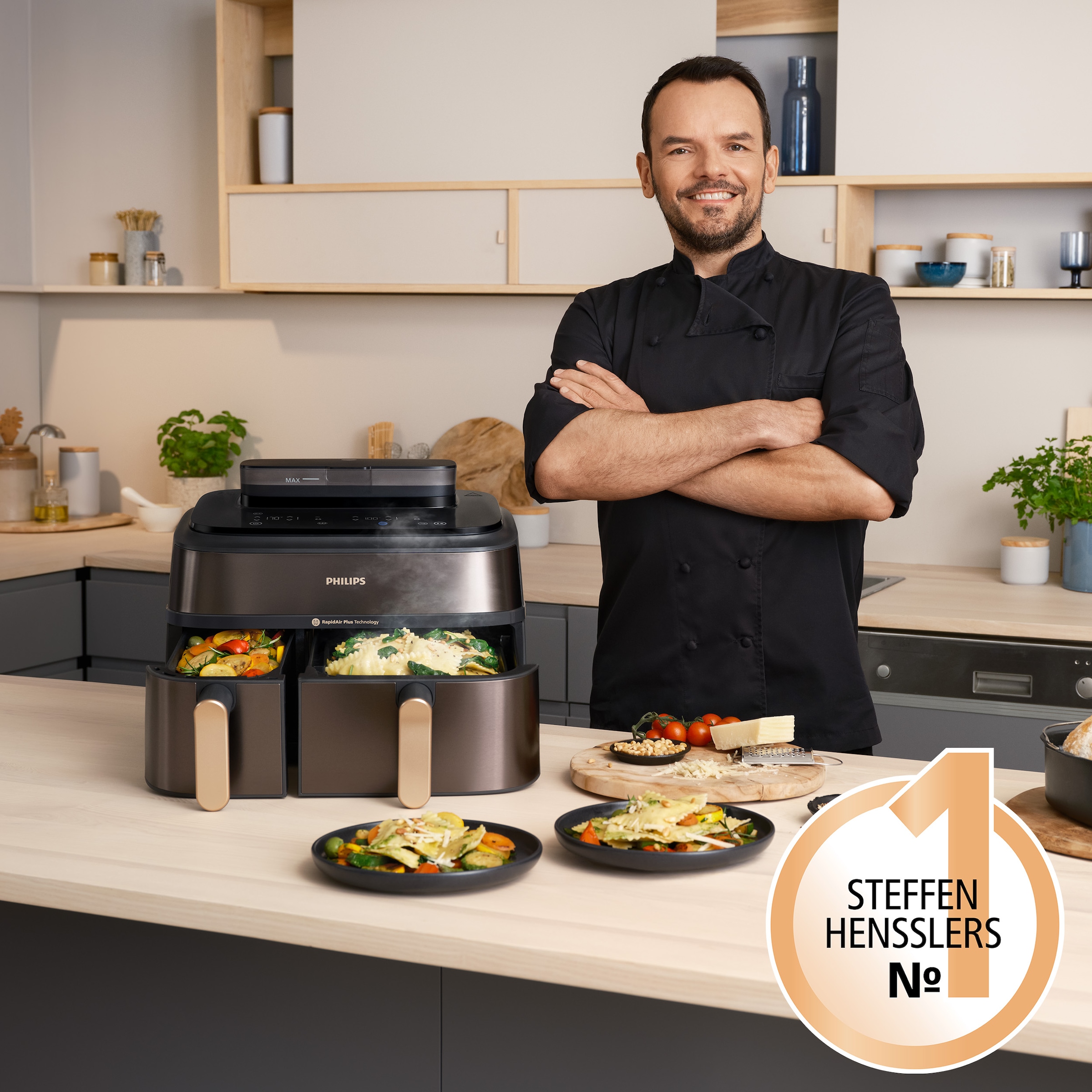 Philips Heißluftfritteuse »NA552/00 Steam Airfryer 5000 Series Dual Basket 9L Kapazität (3L+6L)«, 2750 W, mit Dampfgar-Funktion; Schwarz/Kupfer