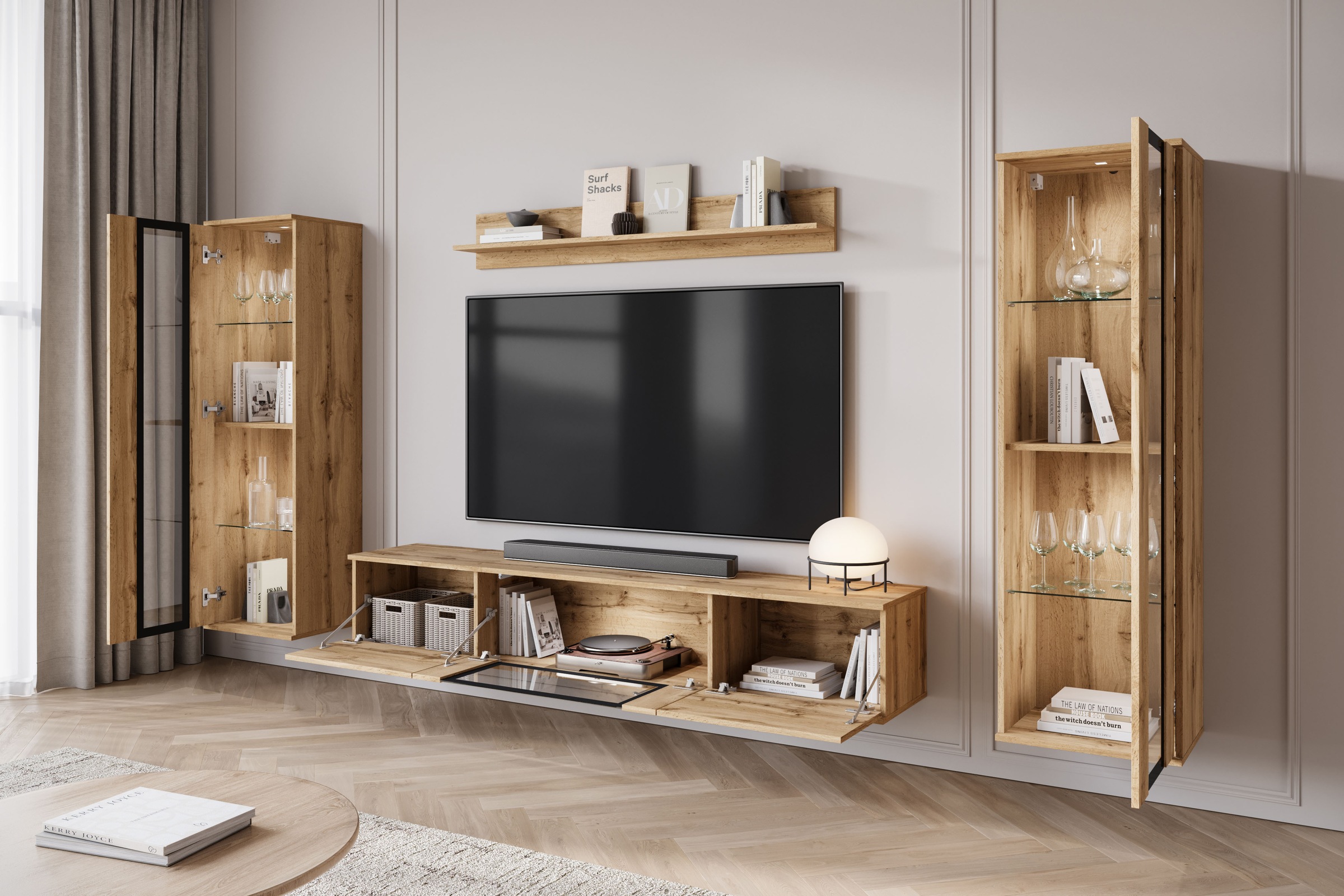 INOSIGN Wohnwand »Caro, stehend und hängend montierbar«, (Komplett-Set, 4 St., Vitrine Türanschlag links/rechts wechselbar), grifflose Design, höhenverstellbare Einlegeböden