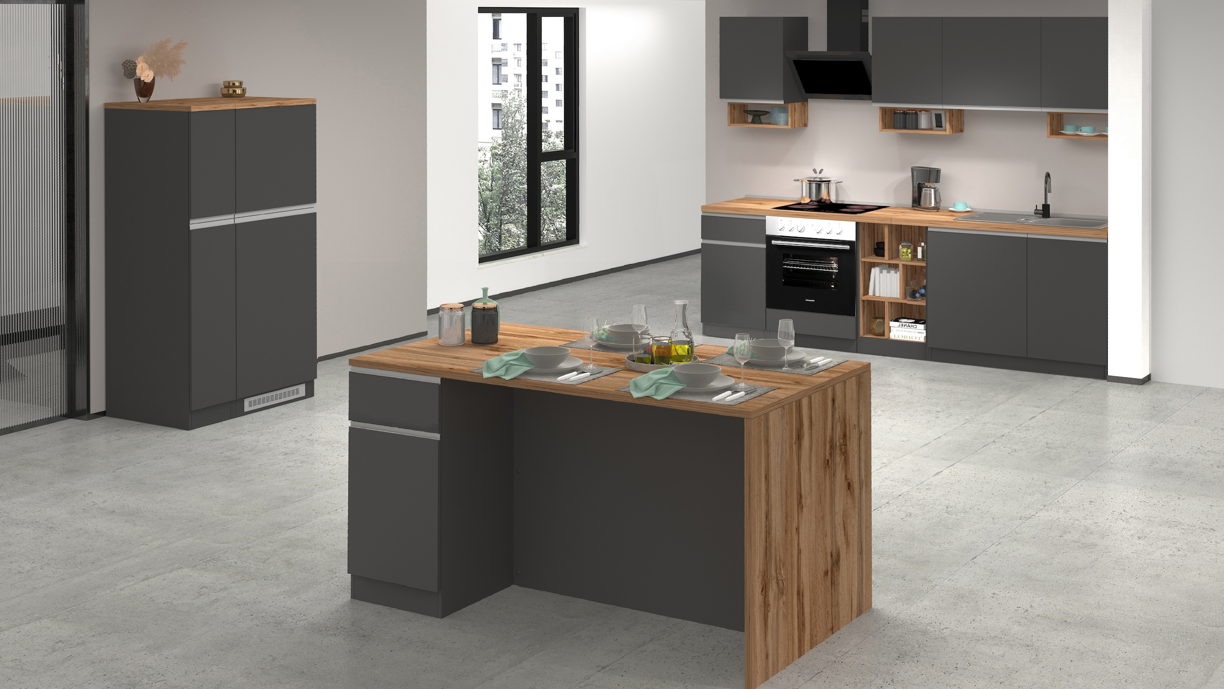 KOCHSTATION Kücheninsel »Sole,Kochinsel,Küchenarbeitsblock,Inselküche,Arbeitsinsel«, Breite 160 cm mit 2 Türen,2 Schubkästen, Aluminiumgriff